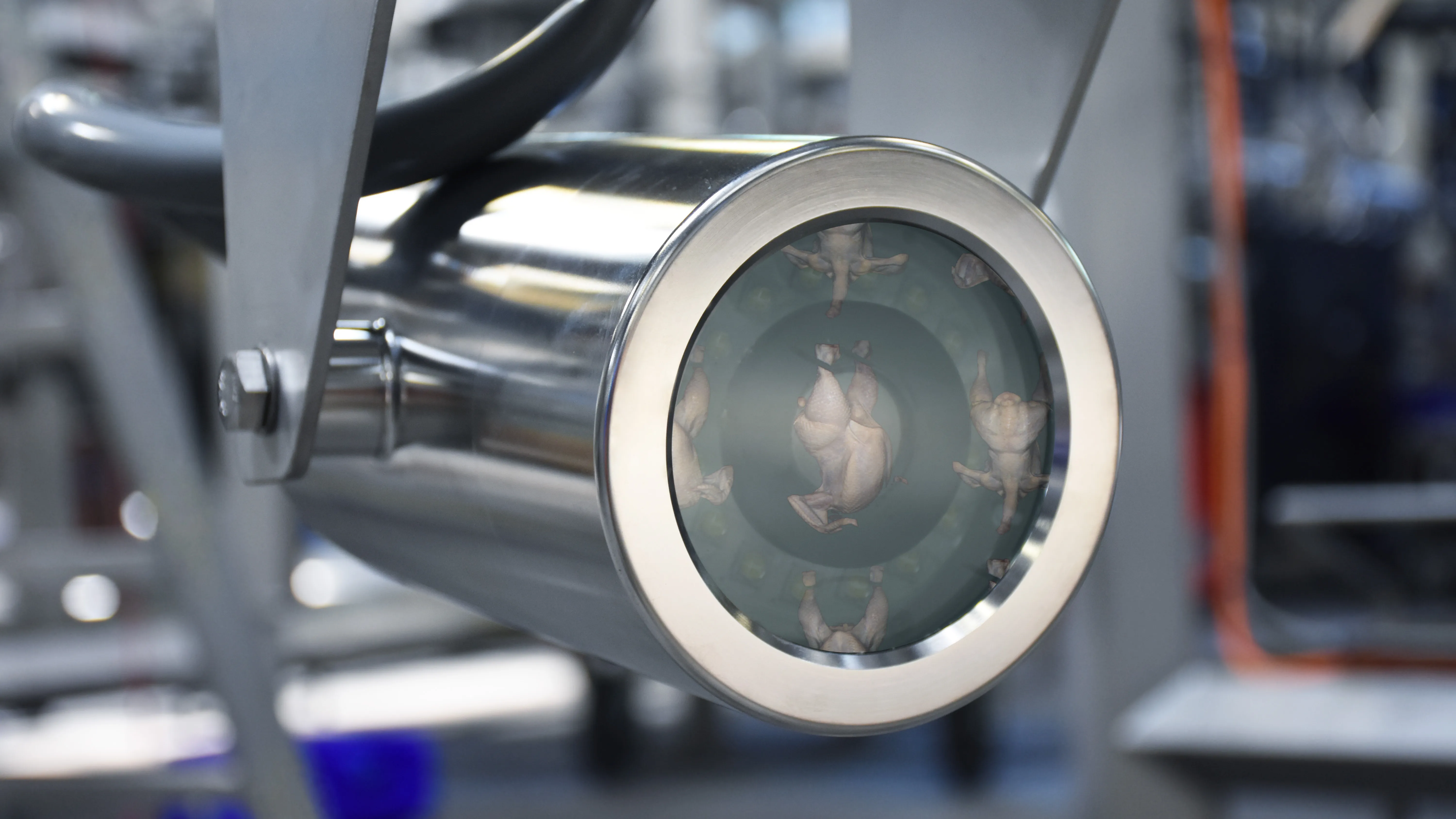 Close-up of a stainless steel industrial camera lens showing reflections of hanging chickens inside a food processing facility.