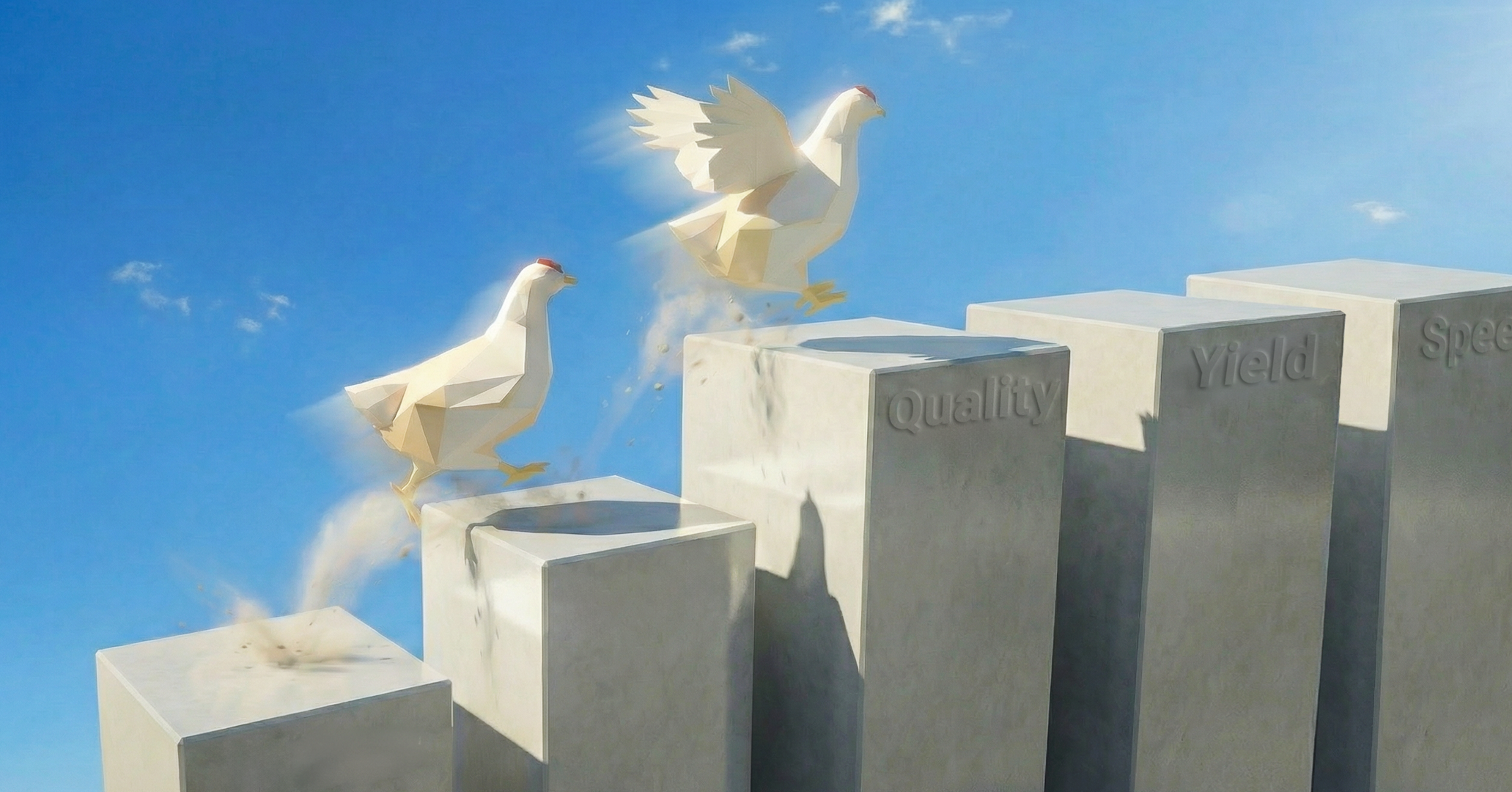 BAADER True Performance. Two chickens jumping up on rising pillars with the values, quality, yield, and speed. 