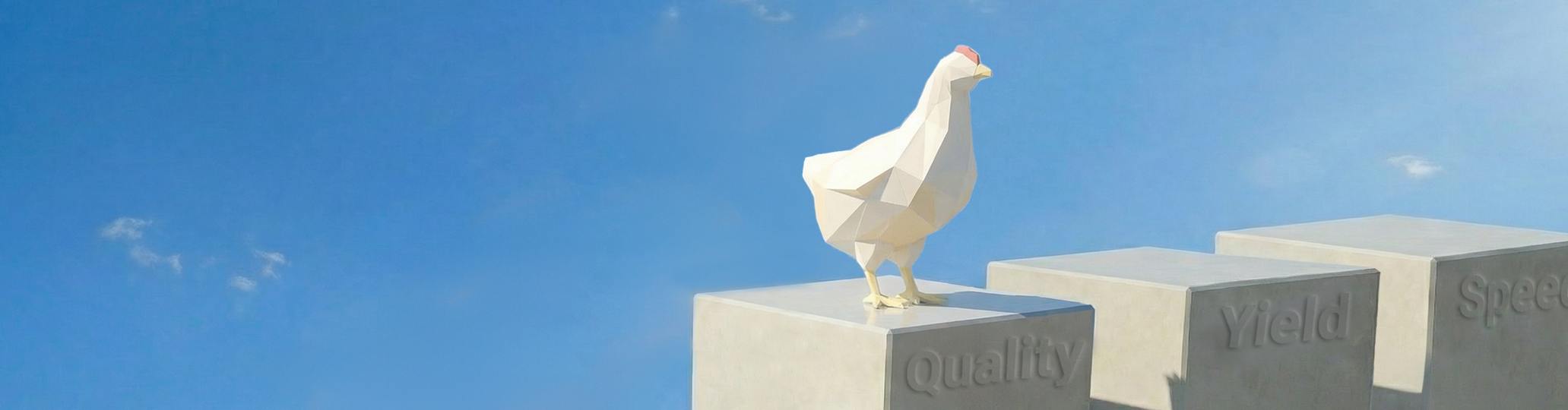 BAADER True Performance A chicken standing on pillars with the values, quality, yield, and speed.