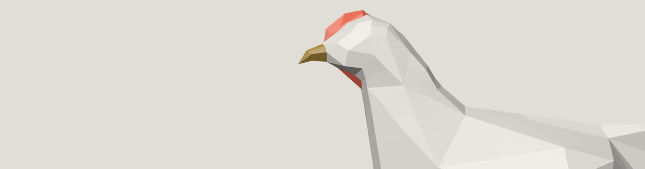 Low-poly 3D illustration of a white chicken with a red comb and brown beak on a light background.