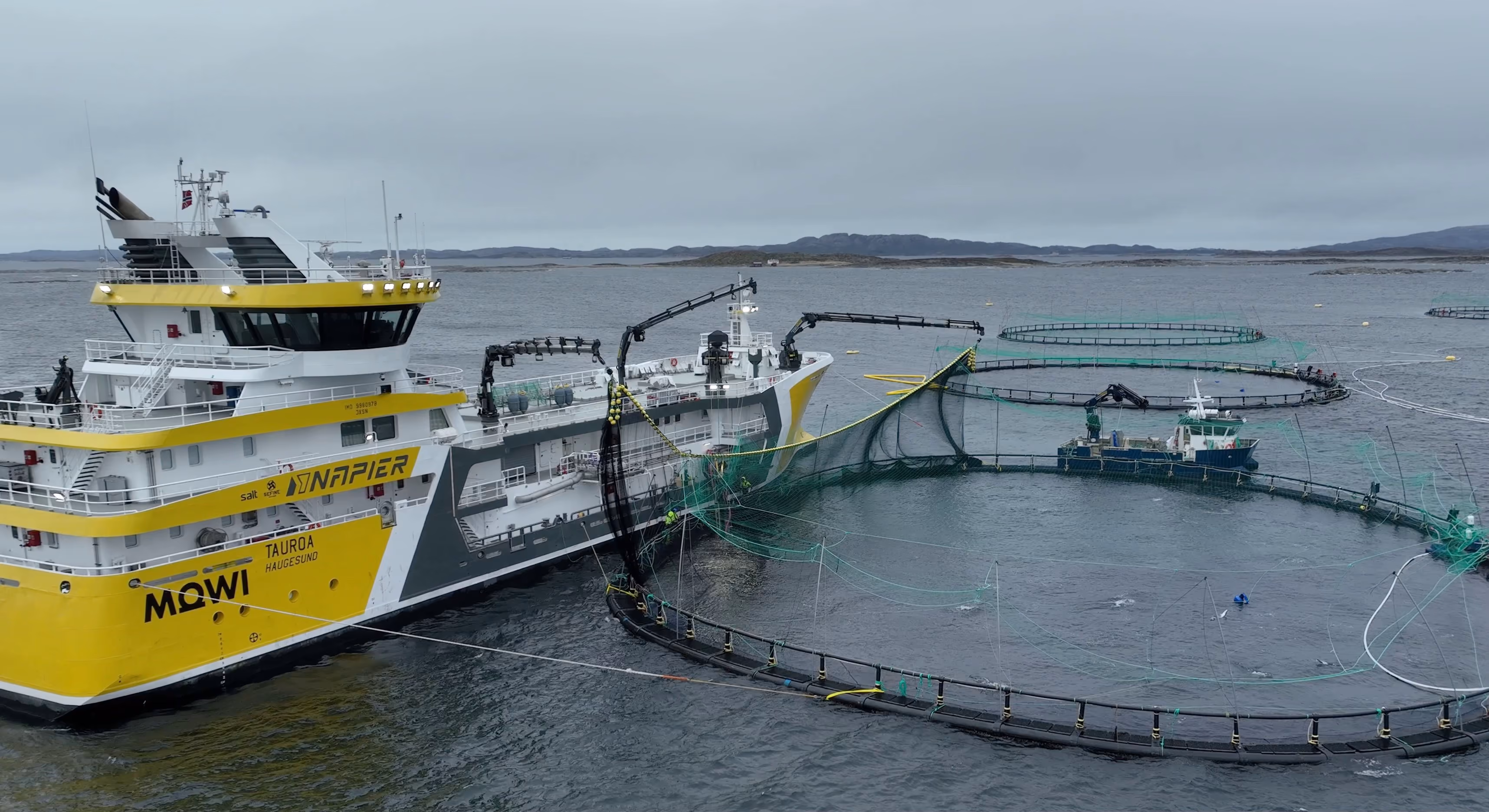 Yellow and white Mowi Tauroa ship docked at circular fish farming cages in a large body of water under a cloudy sky.