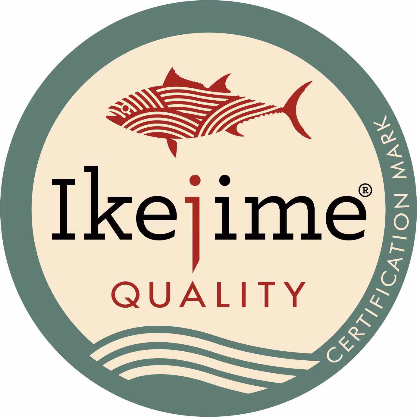 Round IkeJime Quality certification mark with stylized red fish and green border.