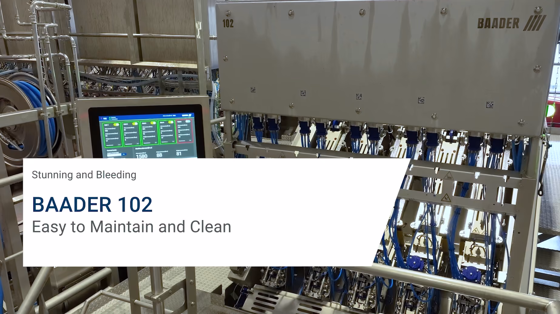 BAADER 102 machine with a digital control panel and blue wiring, designed for stunning and bleeding, easy to maintain and clean.