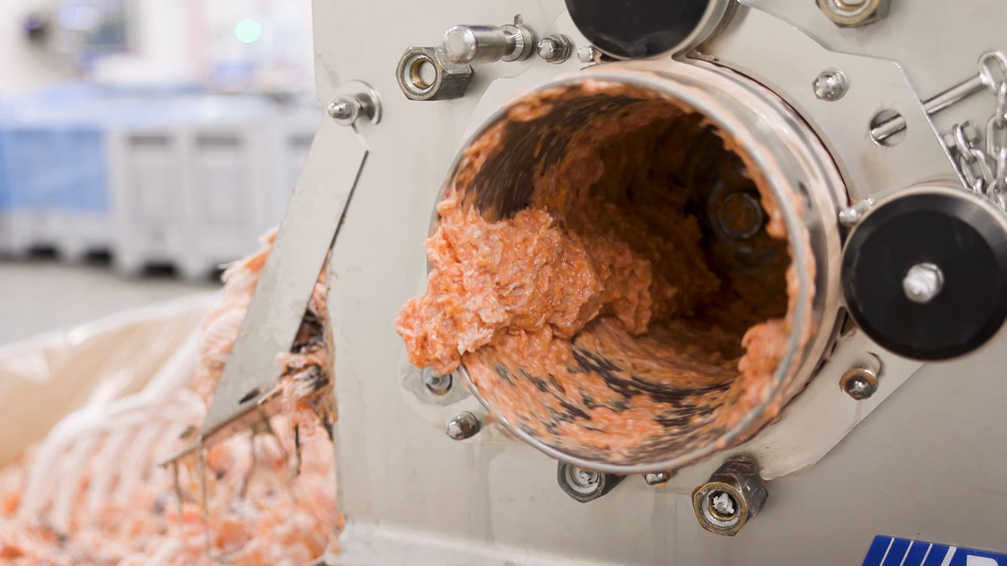 Close-up of pinkish ground meat mixture being processed and extruded from industrial metal equipment.