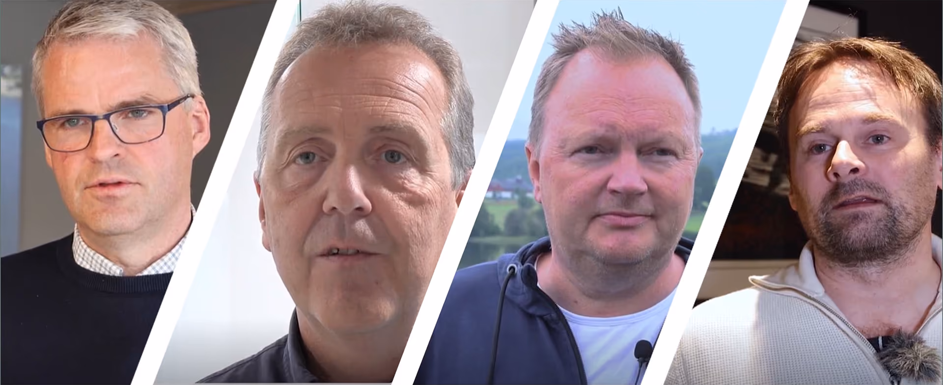 Portraits of four men separated by white angled lines in a collage layout.