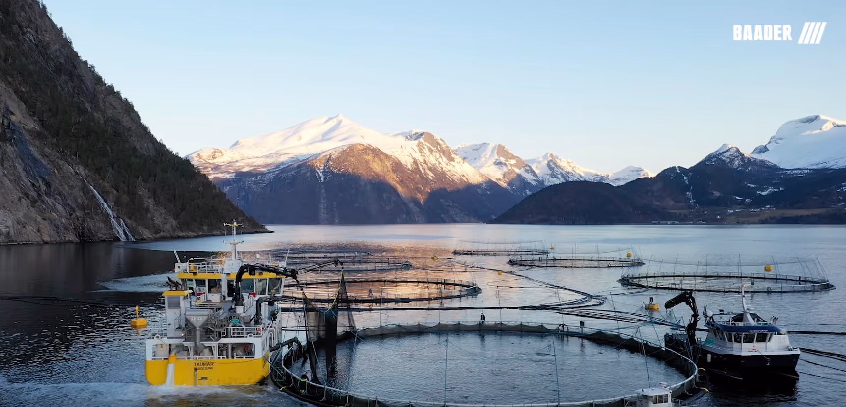 Fish farming nets in a fjord with two boats and snow-capped mountains in the background.