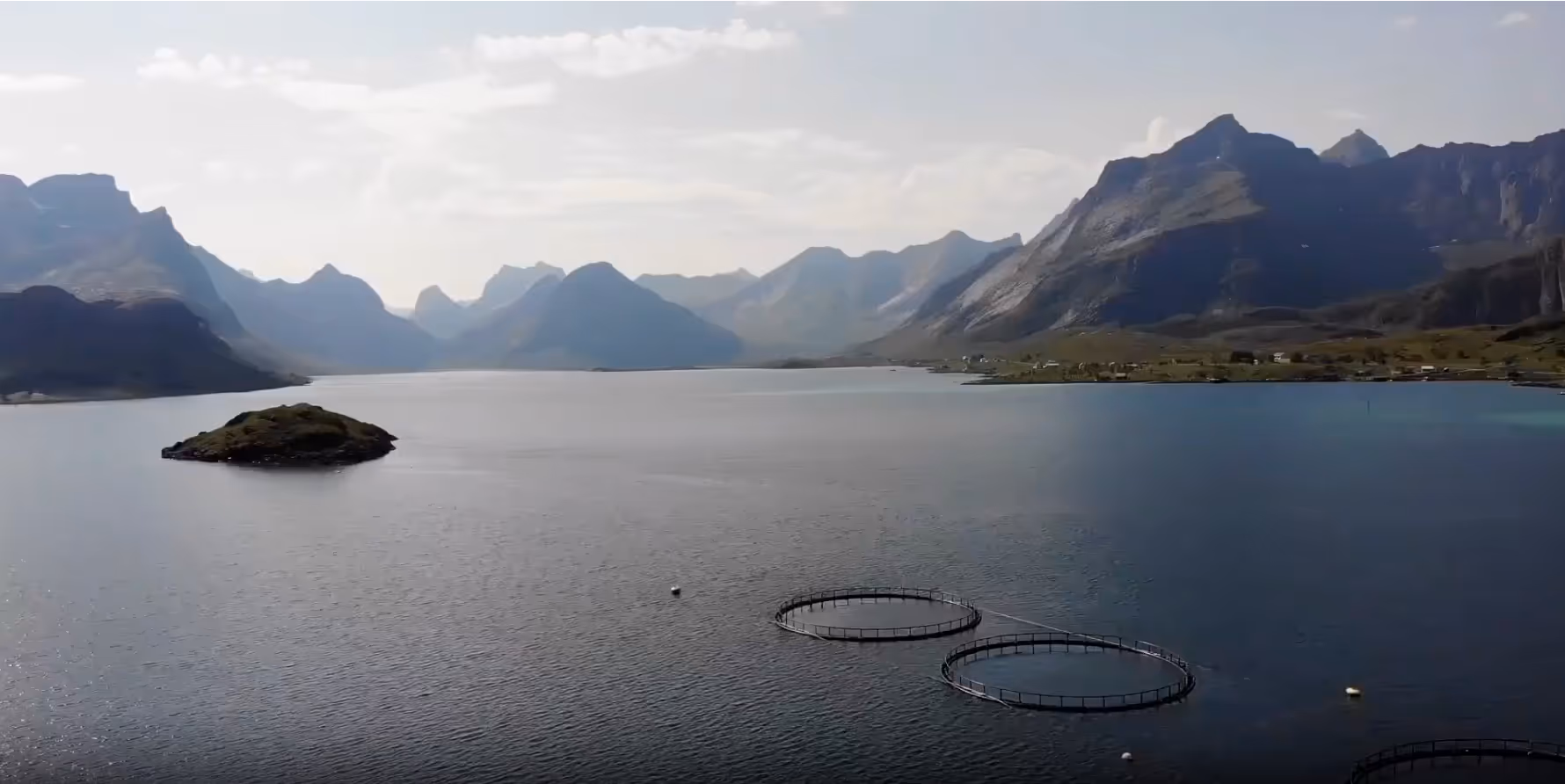Fish farming cages floating in a calm fjord surrounded by mountainous landscape under a cloudy sky.