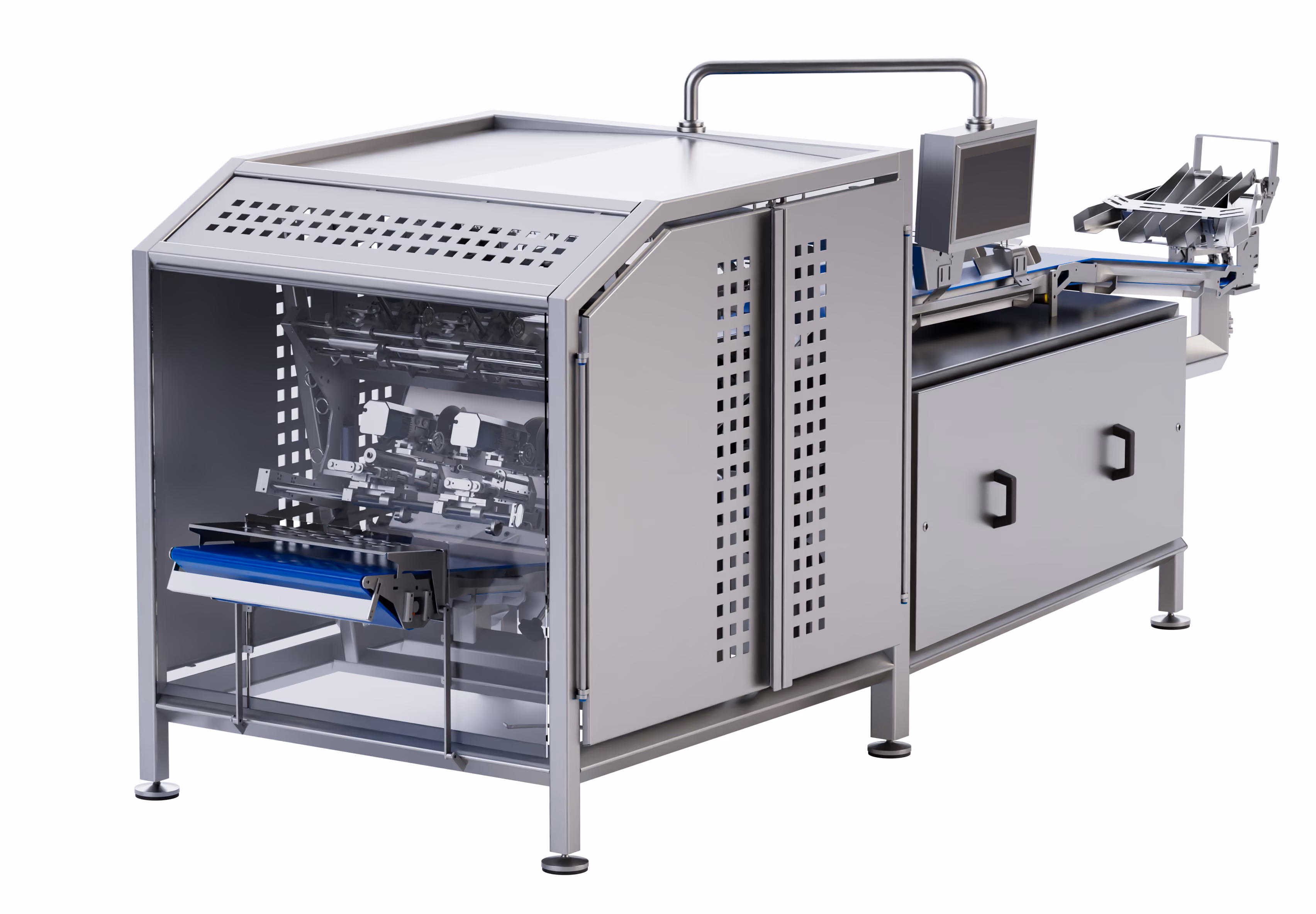 Industrial stainless steel packaging machine with conveyor belt and touchscreen monitor.