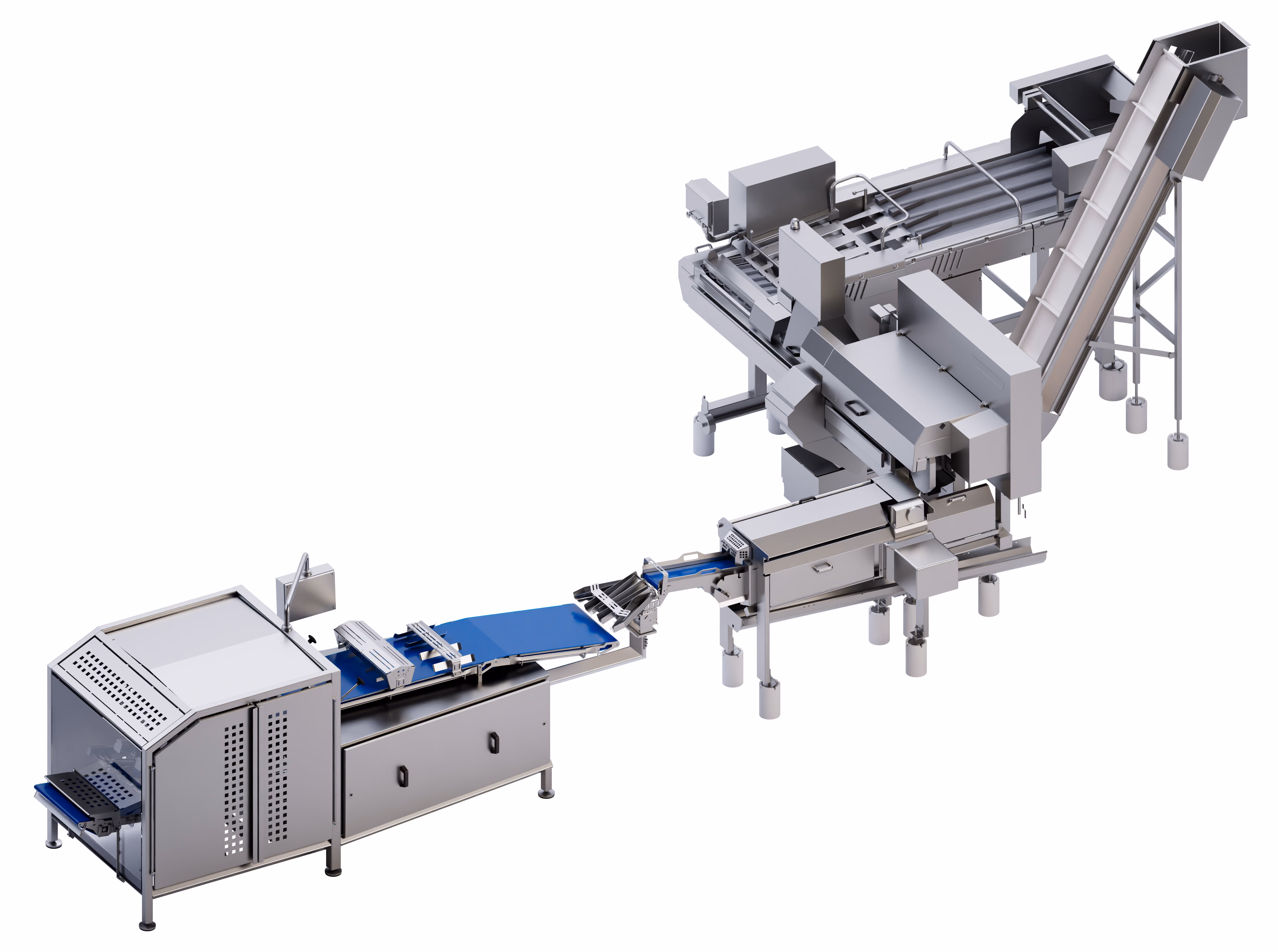 Industrial stainless steel fish processing and pinbone removal machine with conveyor belts.
