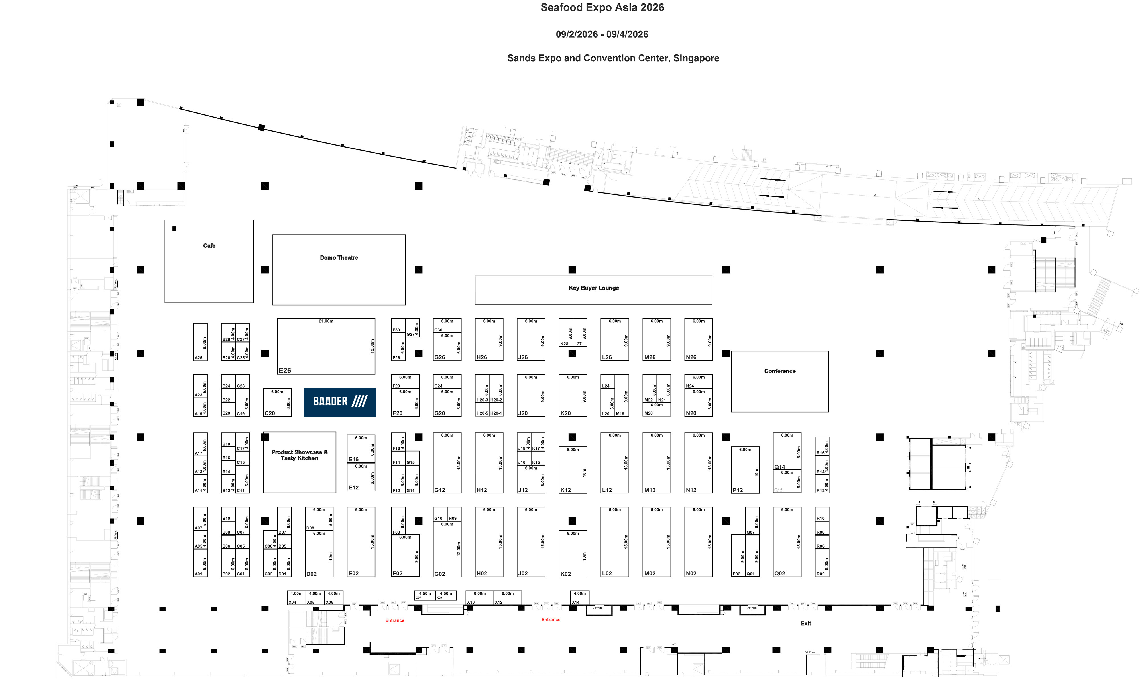 Floor plan of Seafood Expo Asia 2026 at Sands Expo, showing booths, cafe, demo theatre, lounges, and entrances.