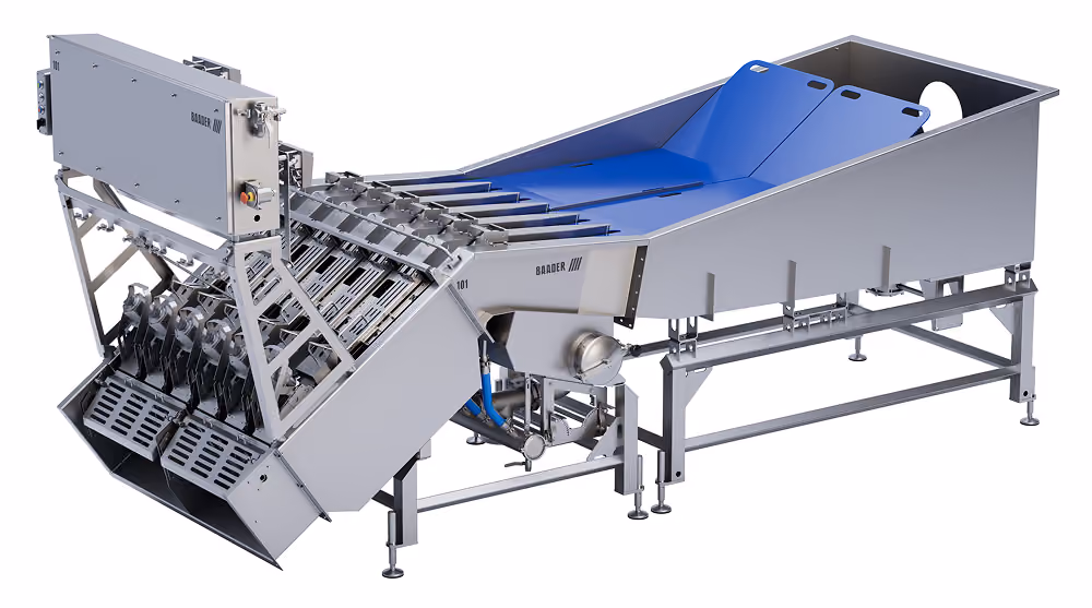 Baader 101 industrial food processing machine with stainless steel frame and blue conveyor belt.