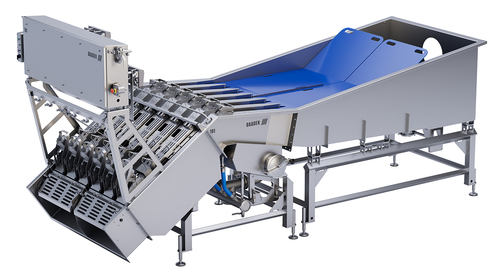 Baader 101 industrial food processing machine with stainless steel frame and blue conveyor belt.