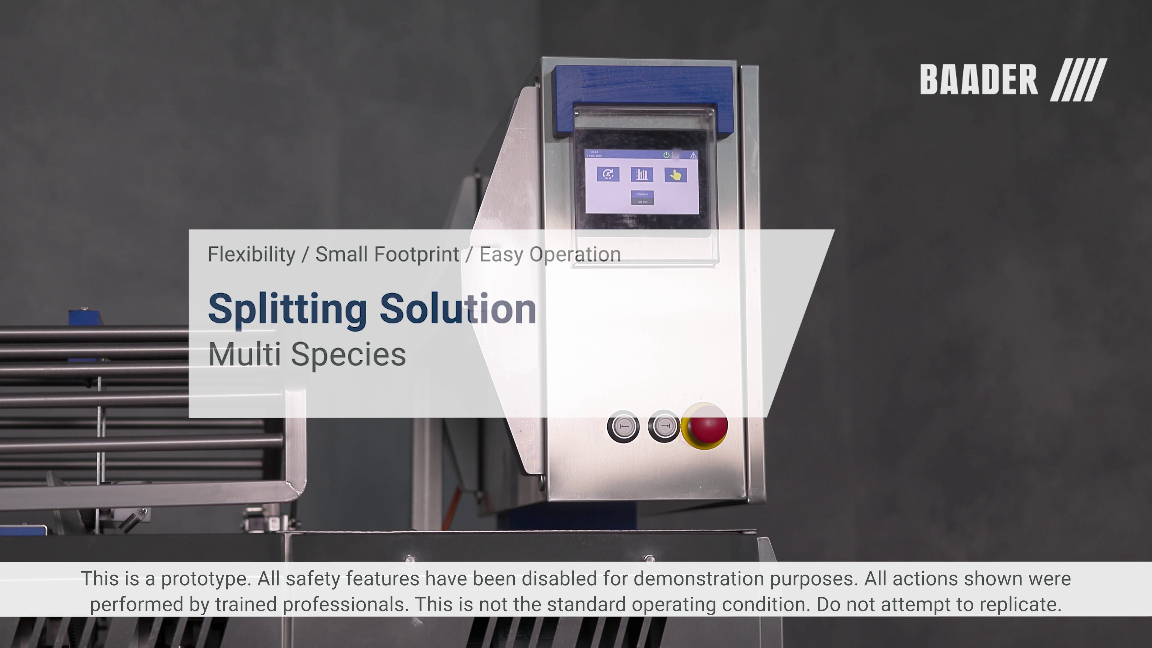 Industrial stainless steel splitting machine with touchscreen control panel and emergency stop button.