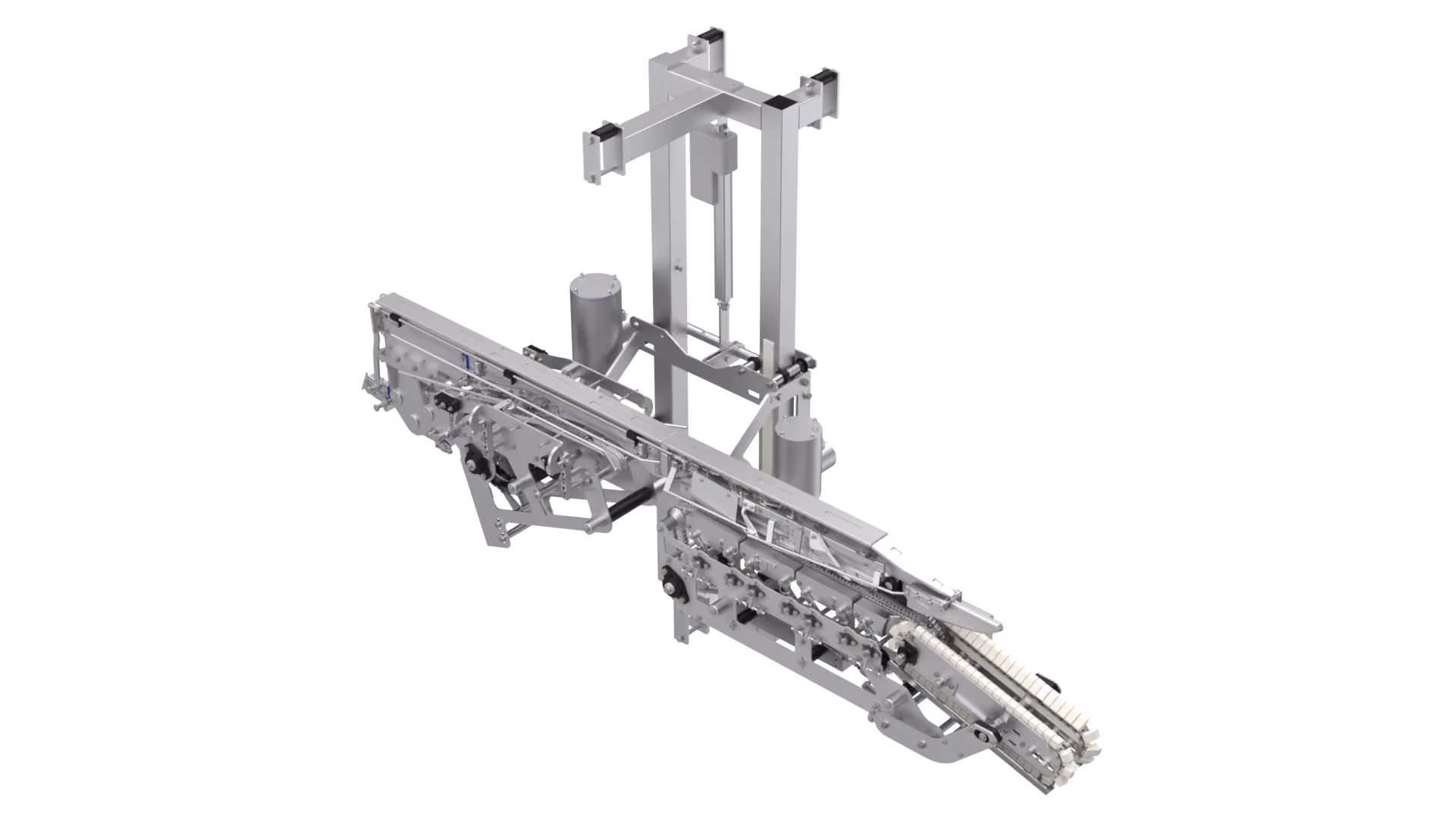 Mechanical leg processor machine with metal framework, conveyor chains, and cylindrical components.