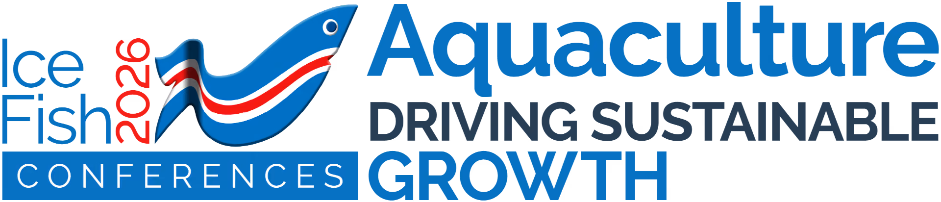 Ice Fish 2026 Conferences aquaculture logo with blue fish and slogan Driving Sustainable Growth.