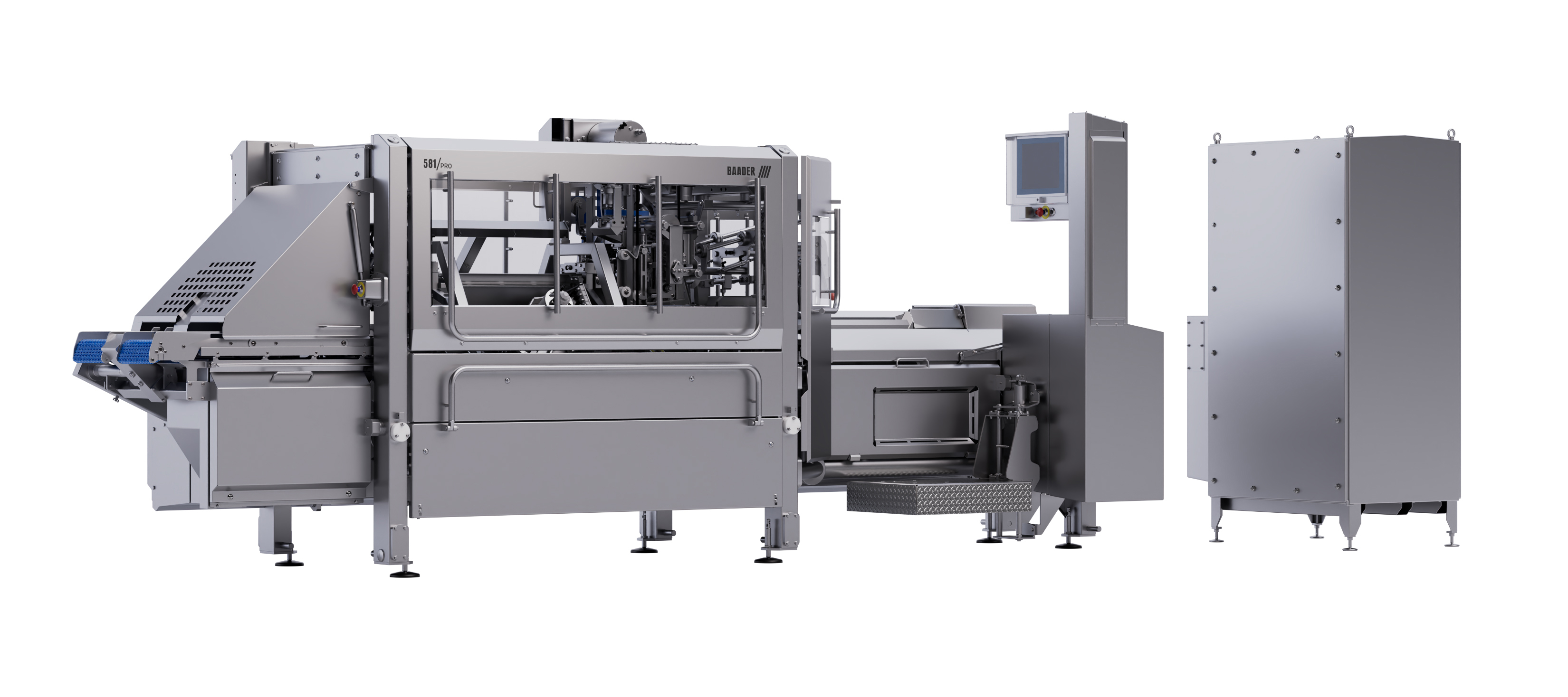 Industrial stainless steel machine with conveyor belts and a touchscreen control panel.