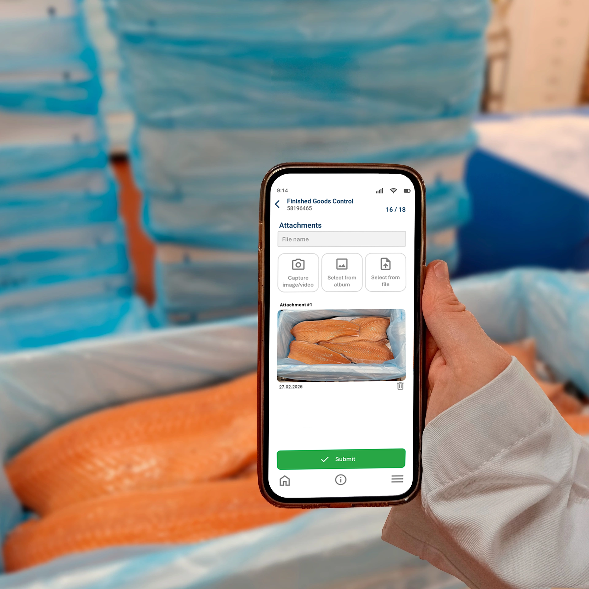Hand holding phone displaying a finished goods control app with salmon fillet attachments for submission.