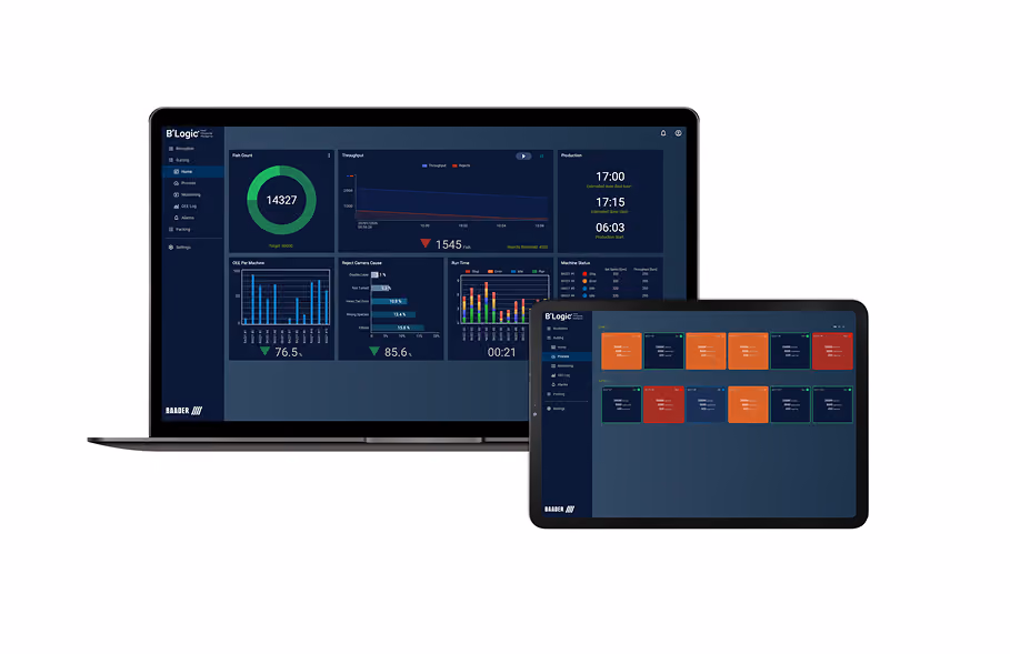 Laptop and tablet displaying B'Logic industrial dashboard with charts, status panels, and production data.
