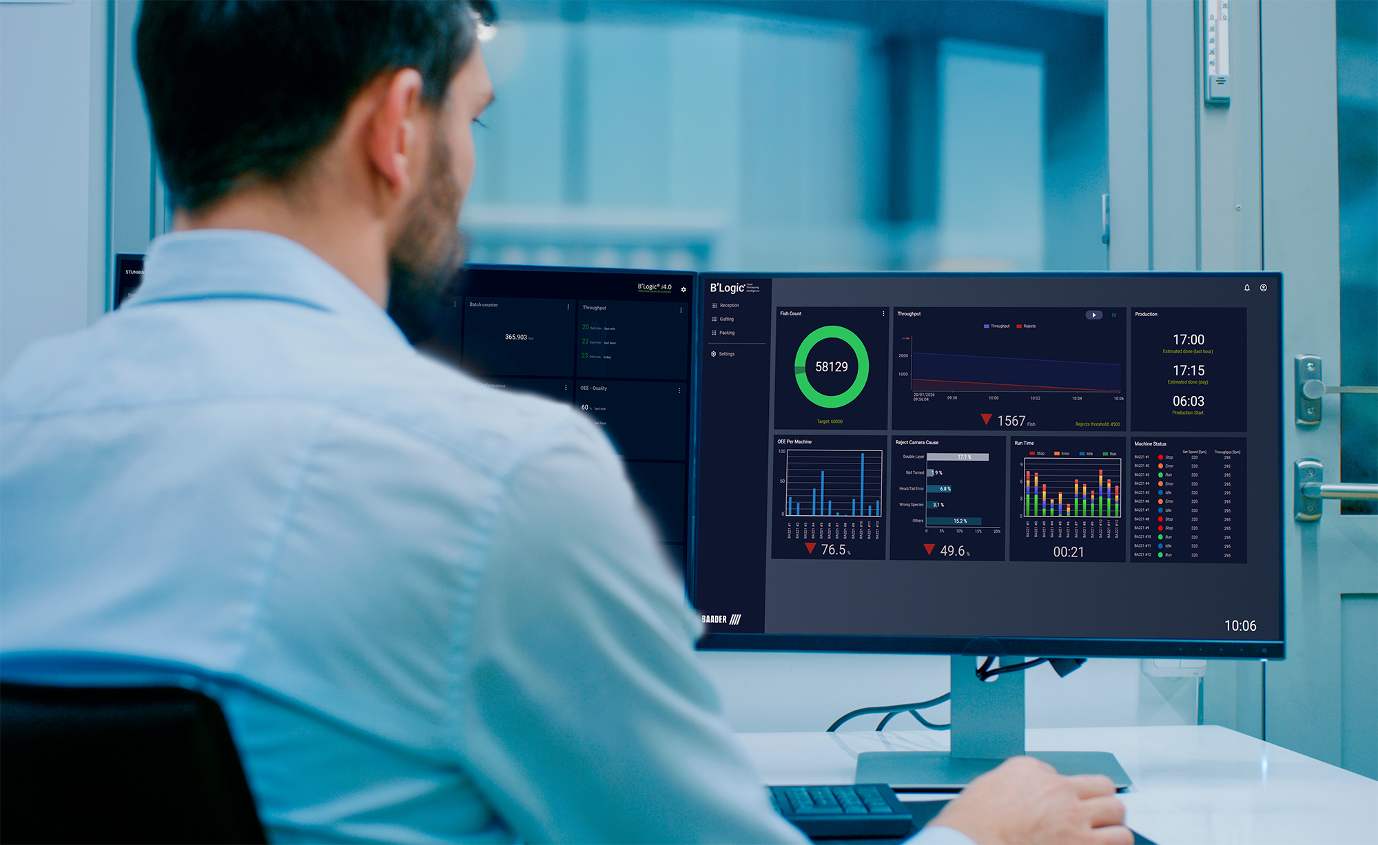 Man seated at desk viewing a large monitor displaying production data and charts in an office.