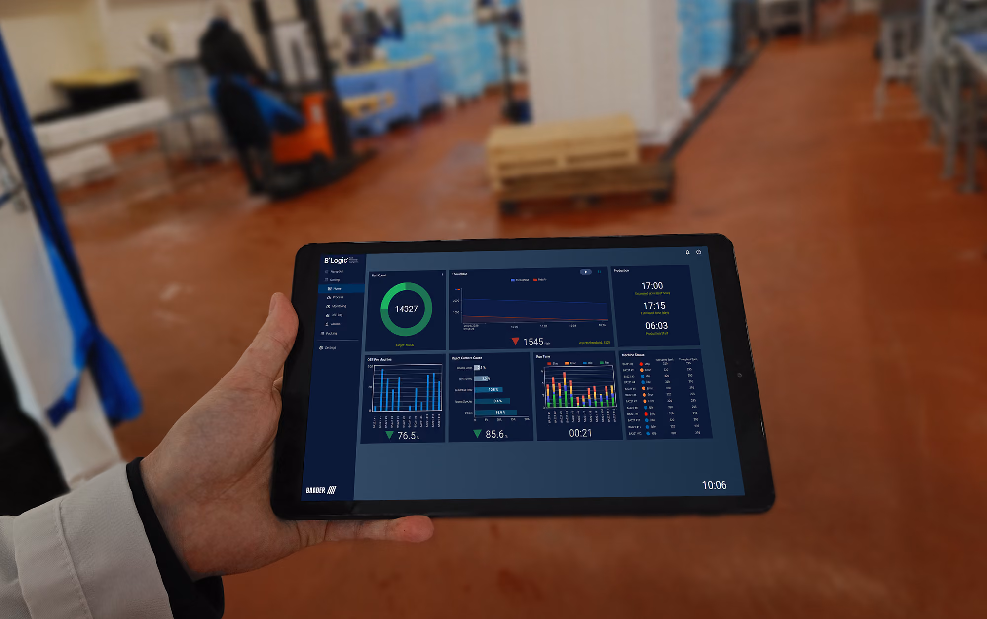 Hand holding tablet displaying production dashboard with fish count, graphs, and machine status in factory.