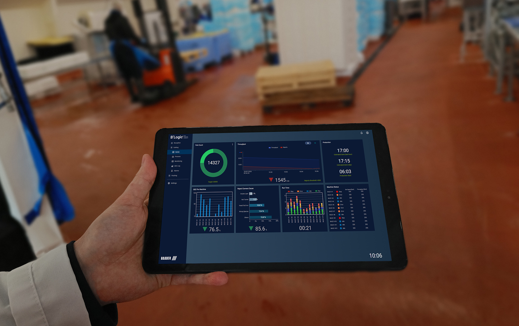 Hand holding tablet displaying production dashboard with fish count, graphs, and machine status in factory.