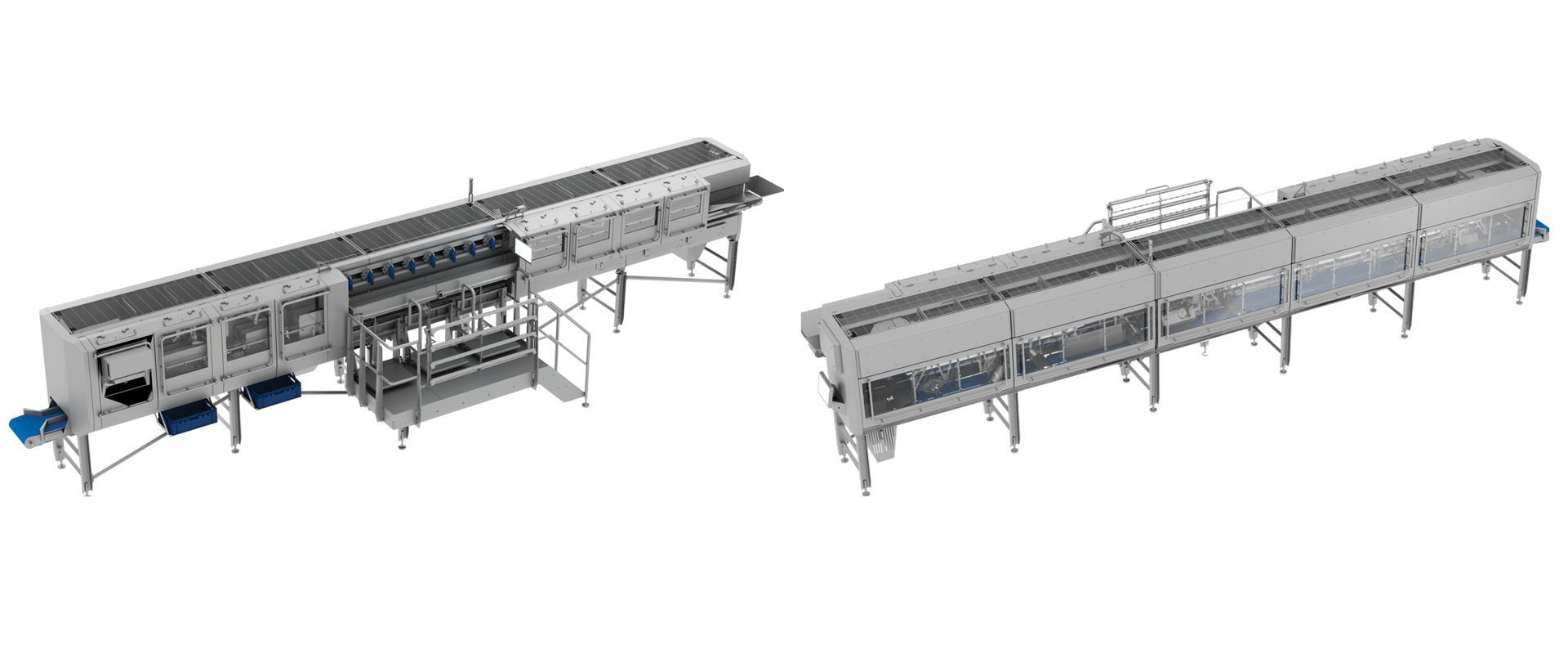 Two large industrial stainless steel machines with conveyor belts and enclosed sections, designed for automated processing in a factory setting.