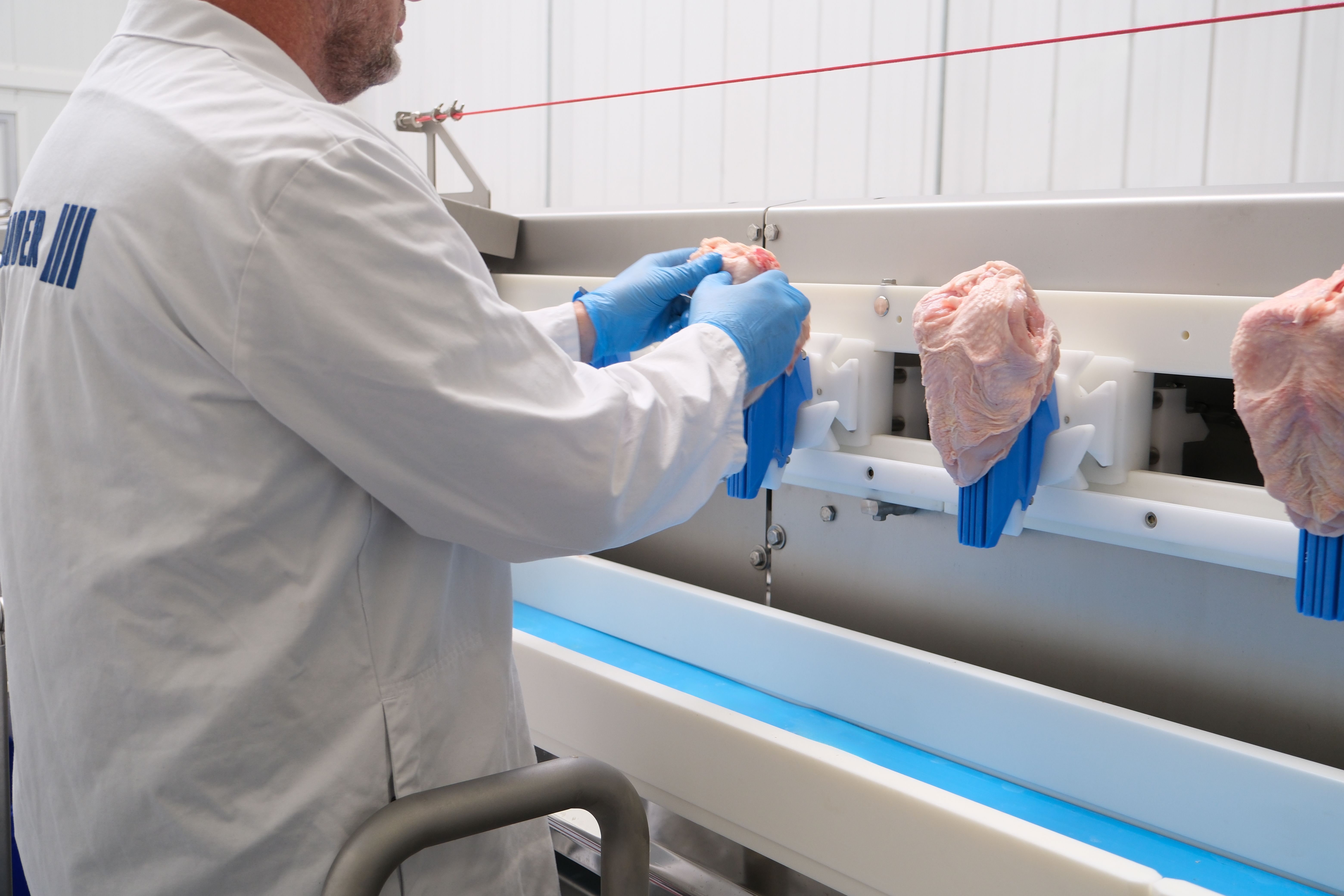 Worker wearing a white coat and blue gloves handling raw meat pieces attached to a conveyor system inside a processing facility.