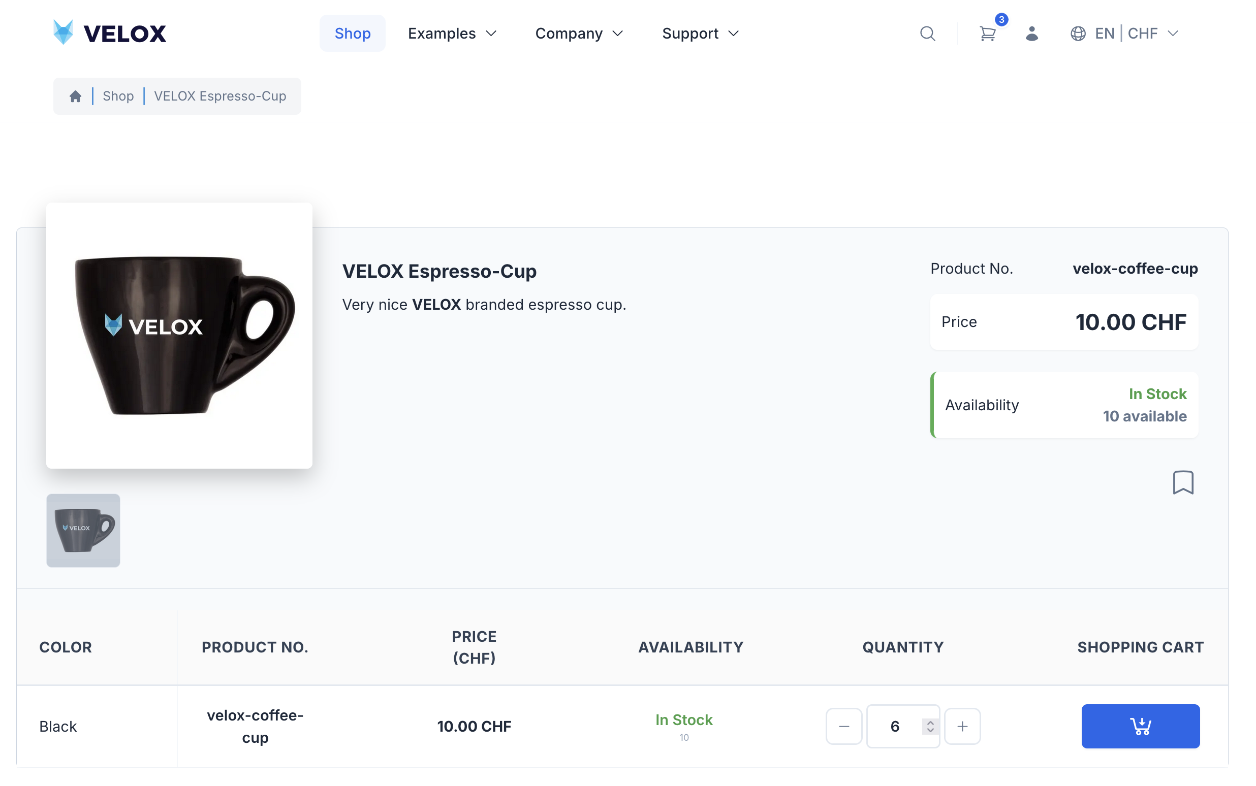 VELOX ecommerce product page