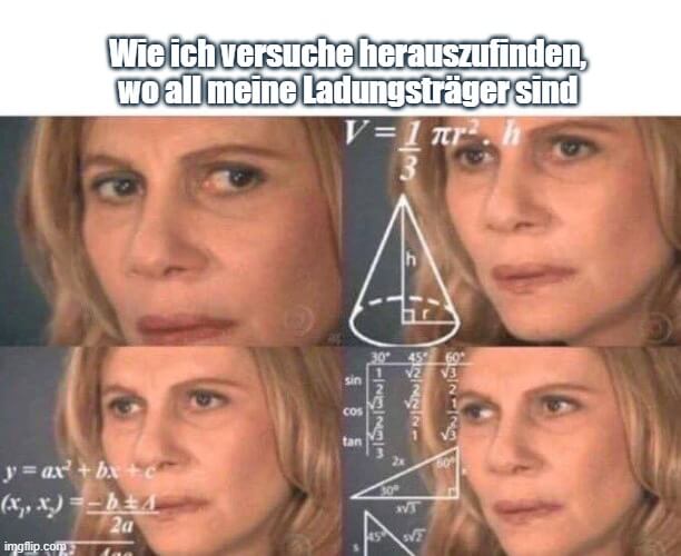 Eine Meme zeigt eine Frau mit nachdenklichem Gesichtsausdruck, während mathematische Formeln über Bild gelegt sind. Der deutsche Text lautet: "Wie ich versuche herauszufinden, wo all meine Ladungsträger sind."
