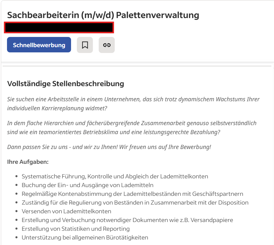 Screenshot einer Stellenanzeige mit dem Titel "Sachbearbeiterin (m/w/d) Palettenverwaltung". Die Anzeige beschreibt Aufgaben wie die Kontrolle von Ladungsmittelkonten, Buchungen von Ein- und Ausgängen, Reporting und allgemeine Bürotätigkeiten.