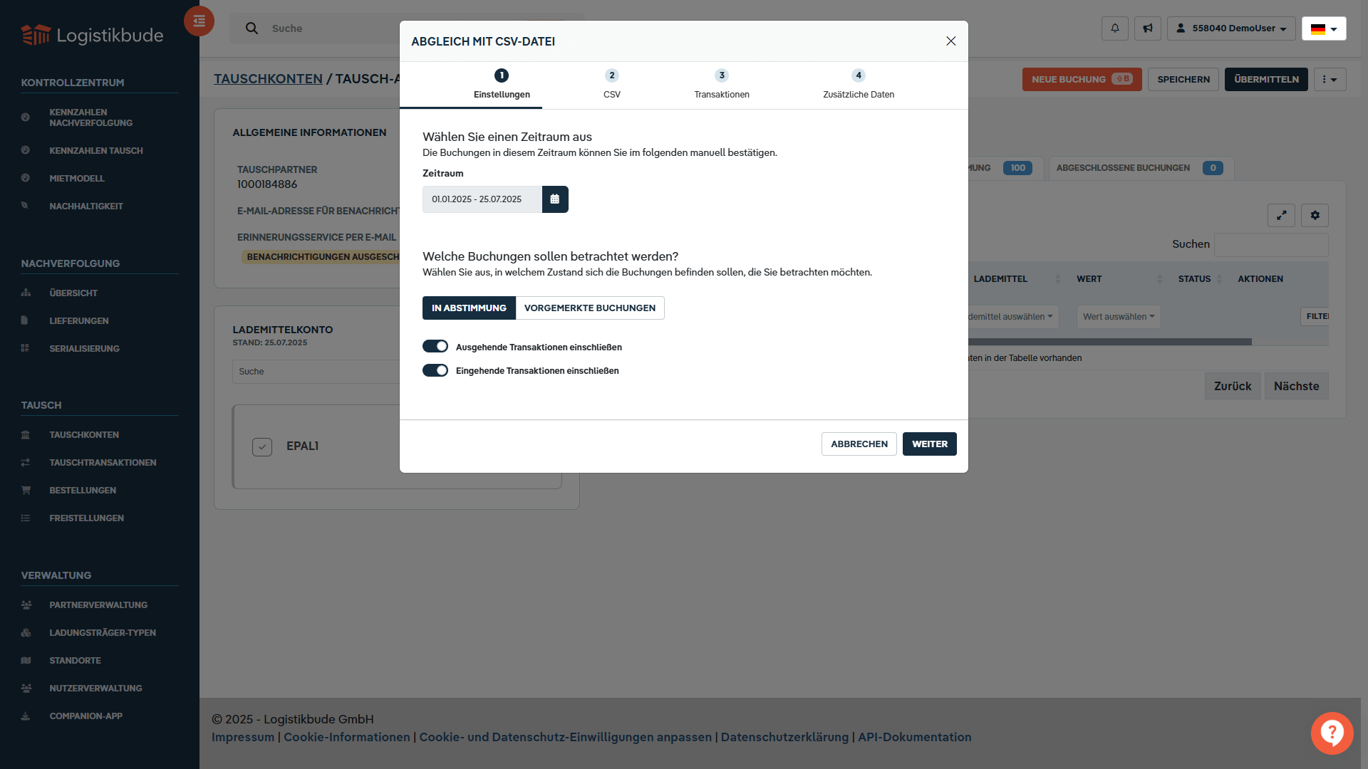 Screenshot der Logistikbude-Software: Auswahl von Zeitraum und zu berücksichtigenden Buchungen (eingehend/ausgehend) für den Abgleich mit CSV-Dateien.