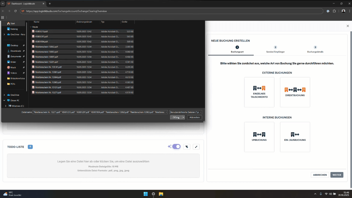 Screenshot der Logistikbude-Software: Upload der Lieferscheine.