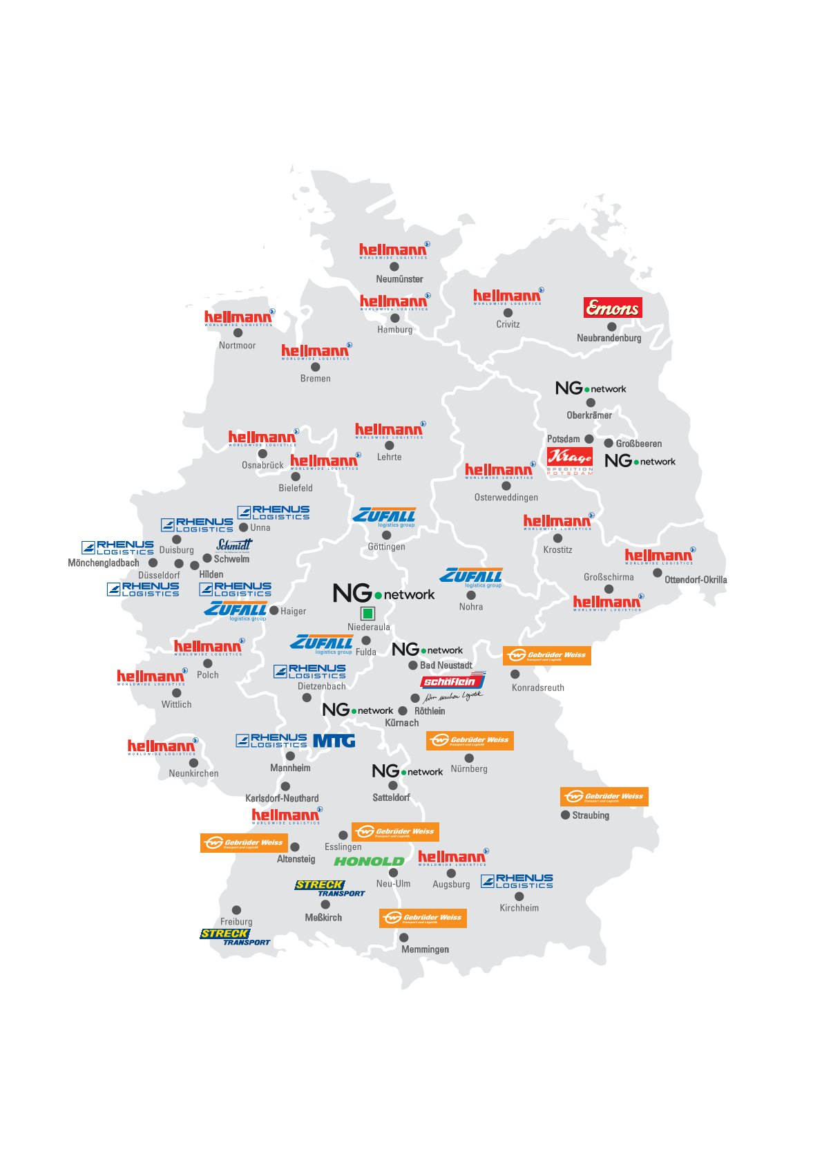 Map of Germany showing the locations of various logistics companies. The companies shown are Hellmann Worldwide Logistics, Rhenus Logistics, Zufall Logistics Group, NG Network, Gebrüder Weiss, Emons Spedition, Krage Spedition, Schüflein Logistik, Honold, Streck Transport, MTG and Schmidt. The locations are marked by dots and logos across the whole of Germany, from Neumünster in the north to Memmingen in the south and from Freiburg in the west to Ottendorf-Okrilla in the east.