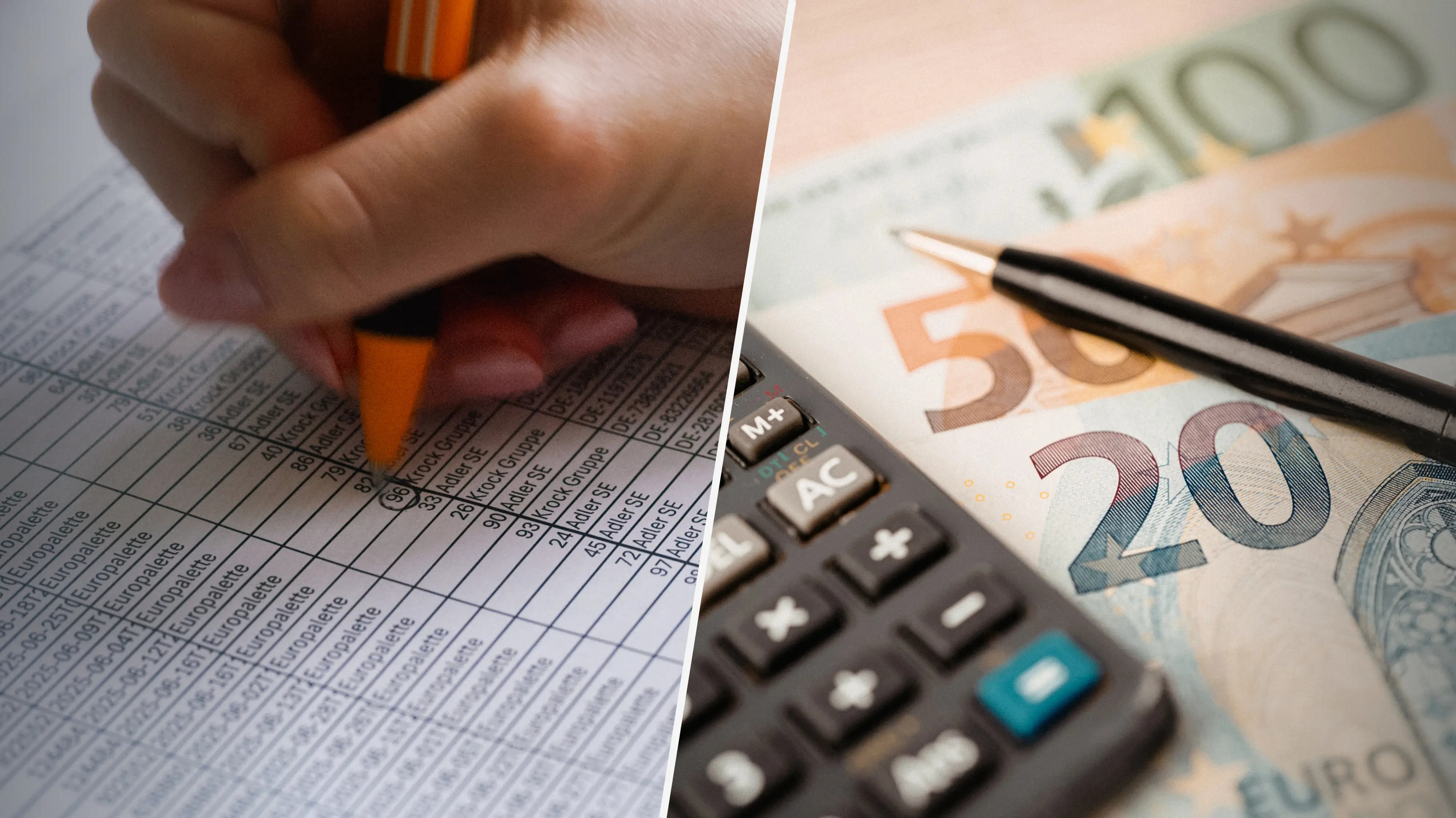 Split image: On the left, a hand holding an orange pen reviewing a tabular list with pallet entries (Euro pallets). On the right, a calculator resting on Euro banknotes (€50 and €20 bills) with a black ballpoint pen – symbolizing price calculation and cost accounting.