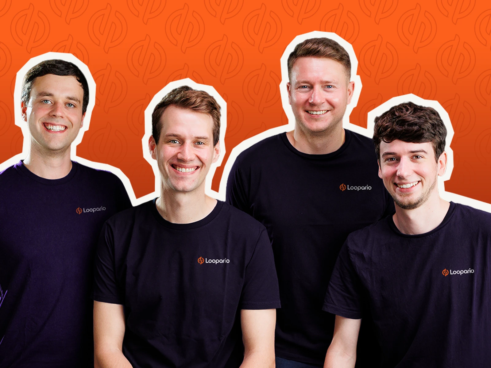 Four smiling Loopario team members wearing black Loopario t-shirts against an orange background, with the announcement "Logistikbude wird Loopario" (Logistikbude becomes Loopario) and the Loopario logo below.