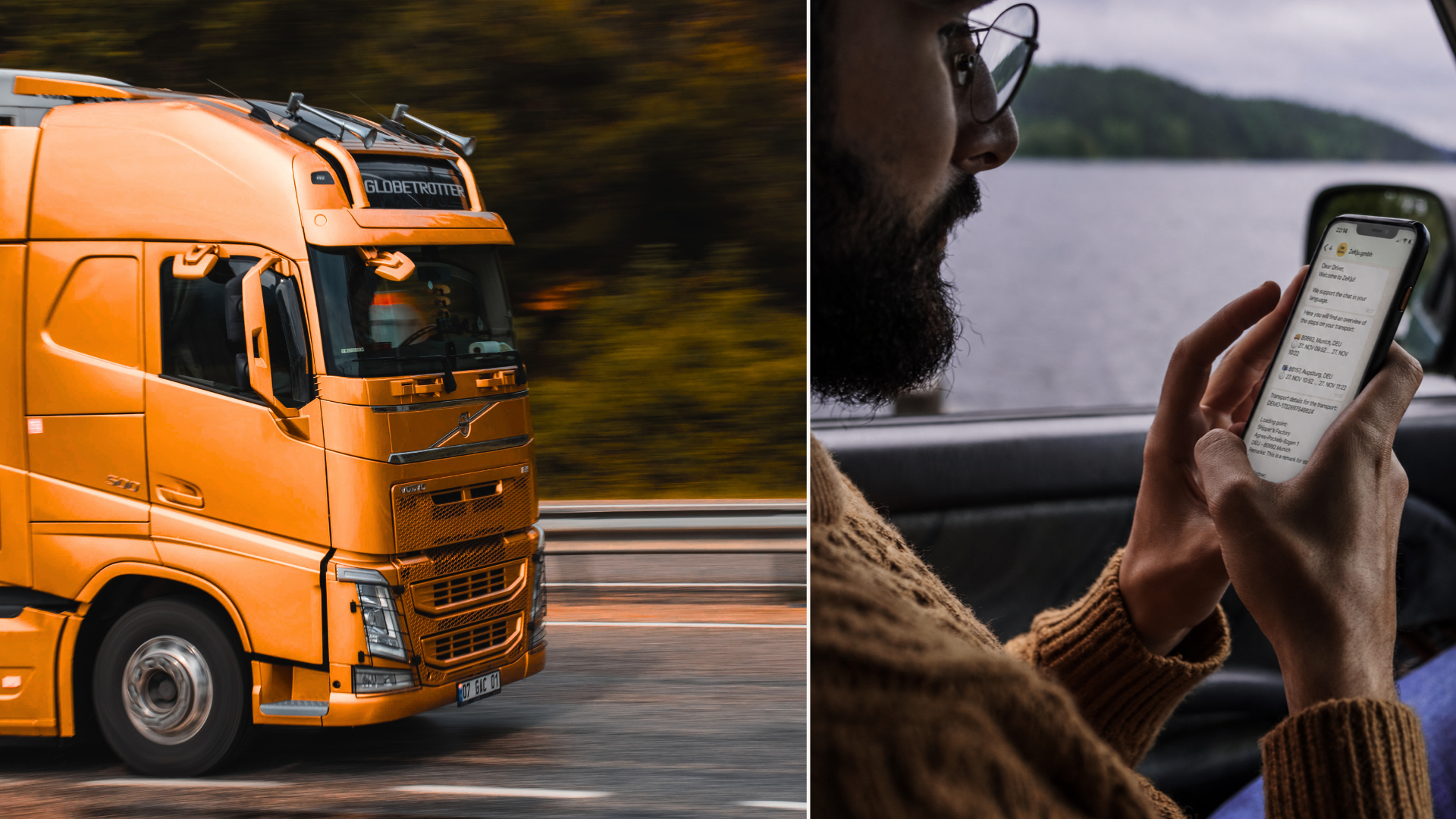 Split image: on the left, an orange semi-truck driving on a country road; on the right, a driver reading the ZeKju chat on their smartphone, showing transport details, stops, and time windows.