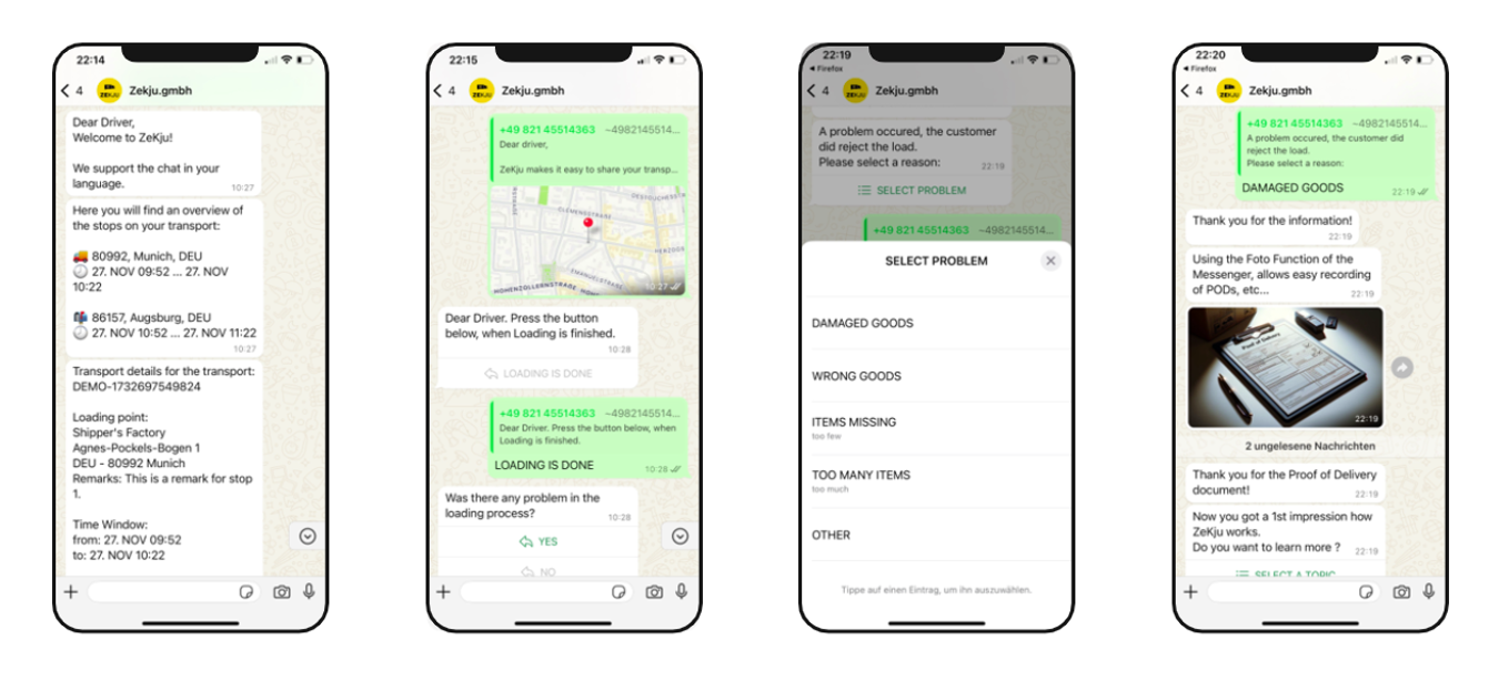 Four smartphone views of the ZeKju messenger chat: transport details with stops and time windows, a location map confirming loading, a list of problem options such as damaged or missing goods, and a pallet slip sent as a photo serving as proof of delivery.