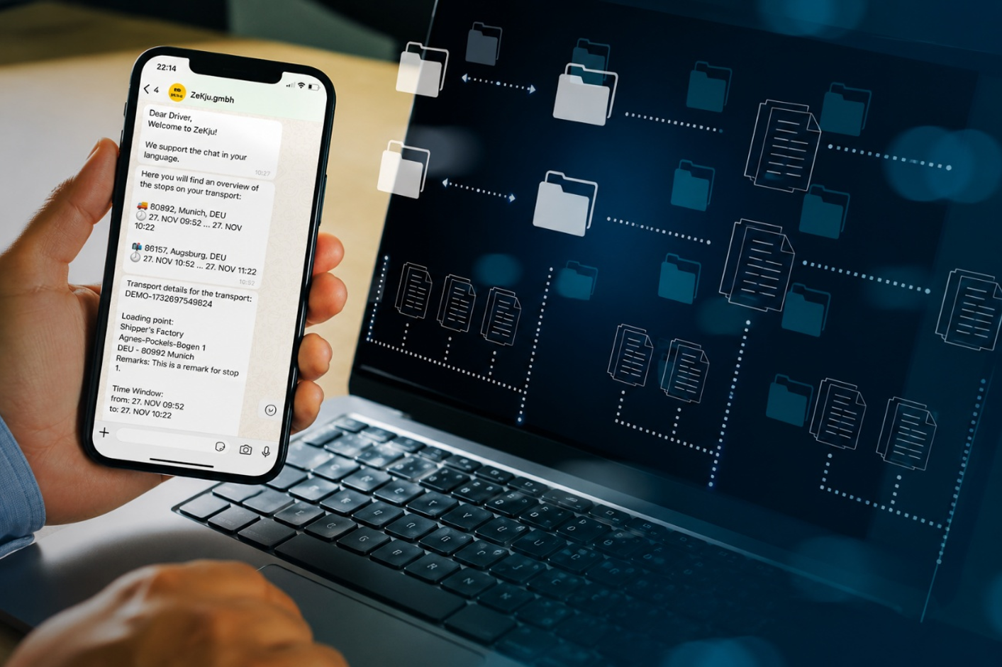 A hand holding a smartphone showing the ZeKju chat with transport details including stops, loading point, and time windows. In the background, a laptop displays a graphic of connected document and folder icons representing the digital data flow.