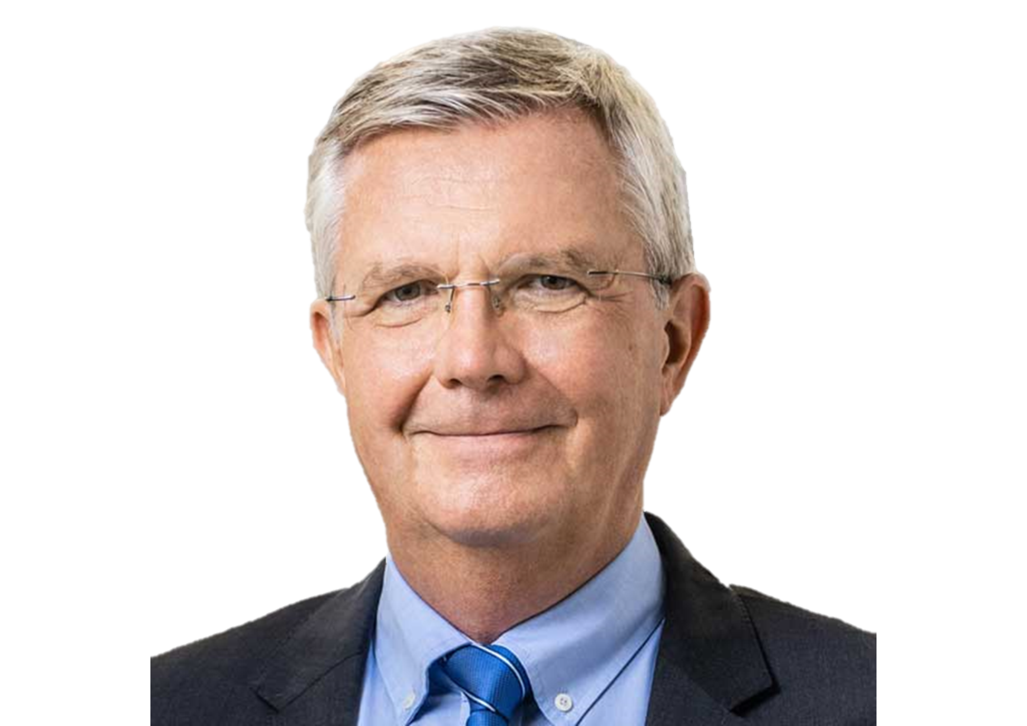 Porträt von Prof. Michael ten Hompel, Logistikexperte, mit grauen Haaren, Brille, dunklem Anzug und blauer Krawatte