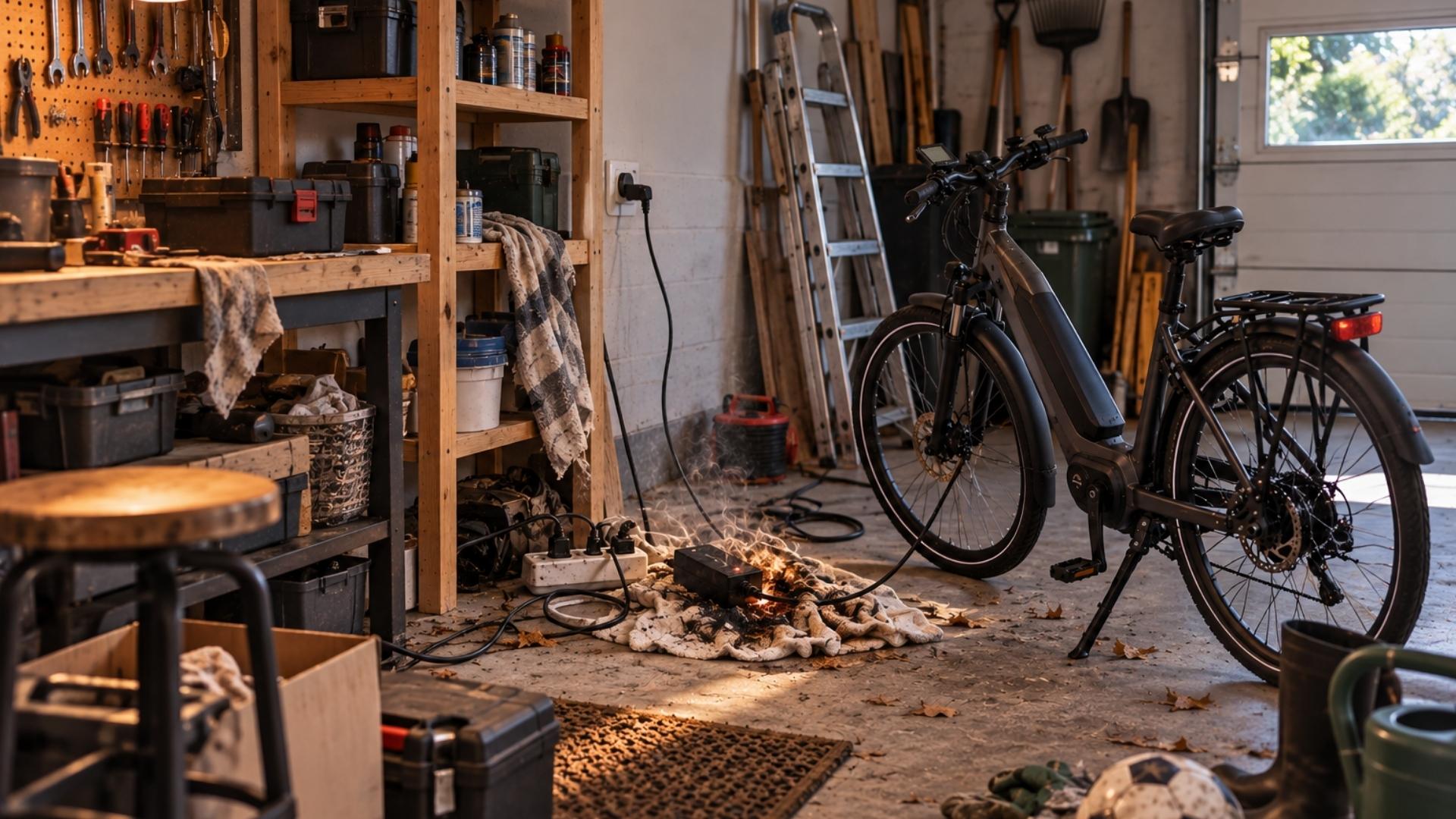 Elektrische fiets aan oplader in garage waarbij oplader vlamvat