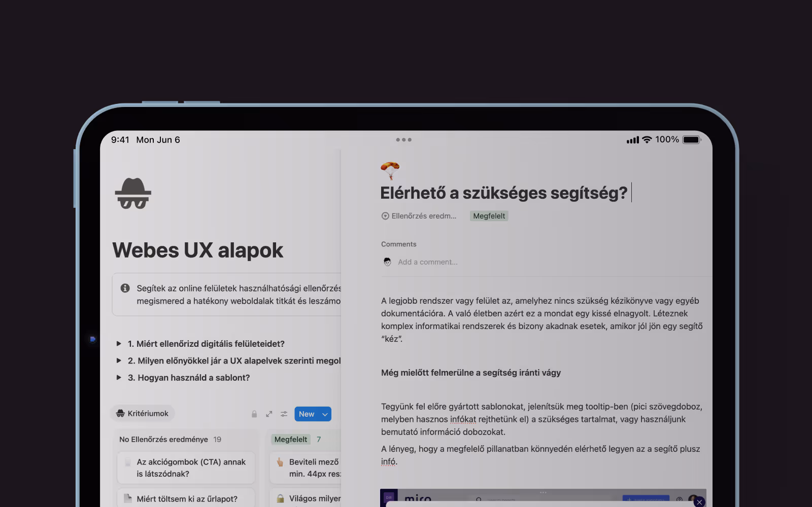 UX basics template in a tablet screen