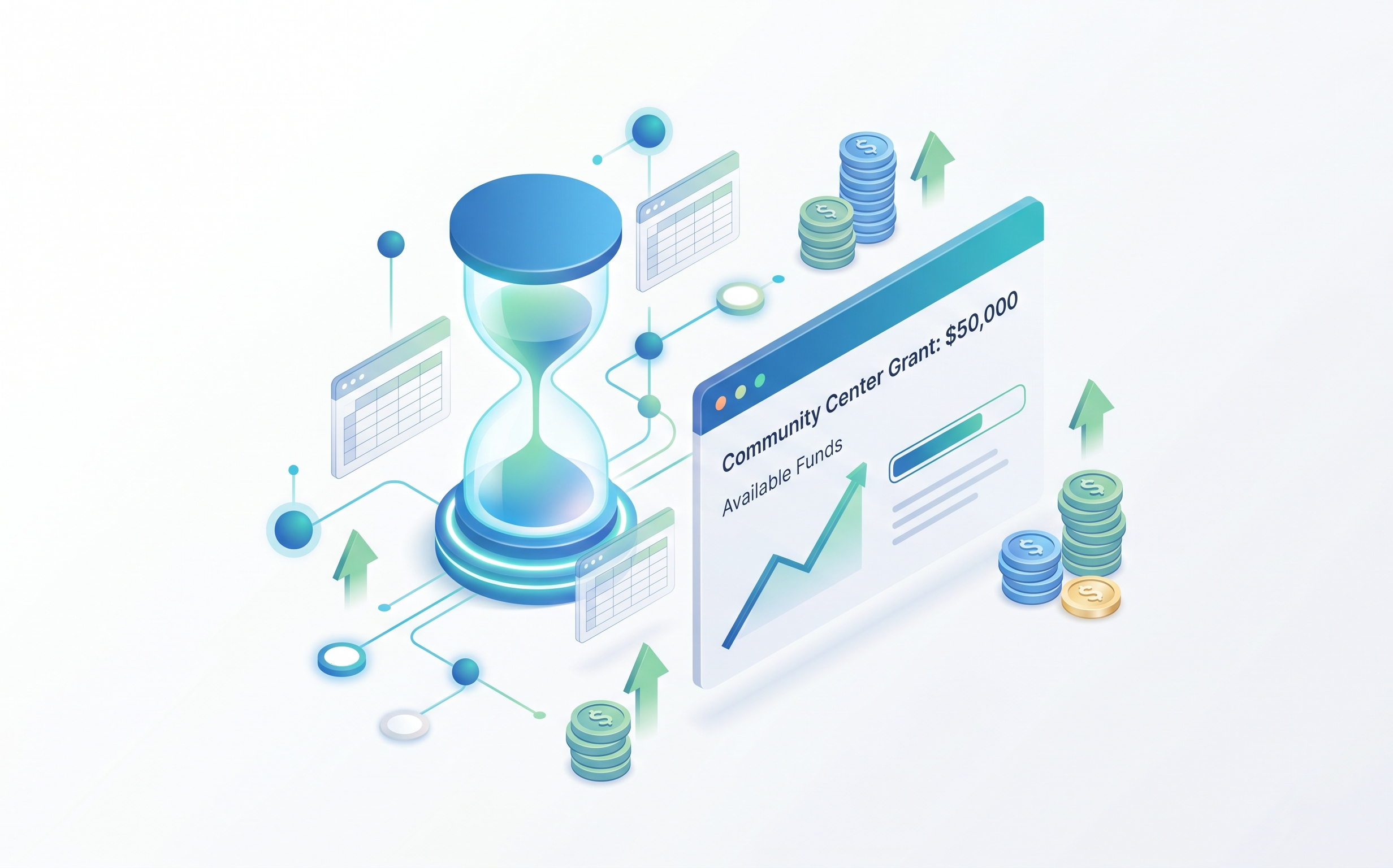 A user interface mockup of a financial dashboard. The screen displays a real-time budget tracker for a $50,000 restricted grant allocated to a Community Center, featuring easy-to-read charts that clearly show the exact amount of funds spent and the remaining balance available.