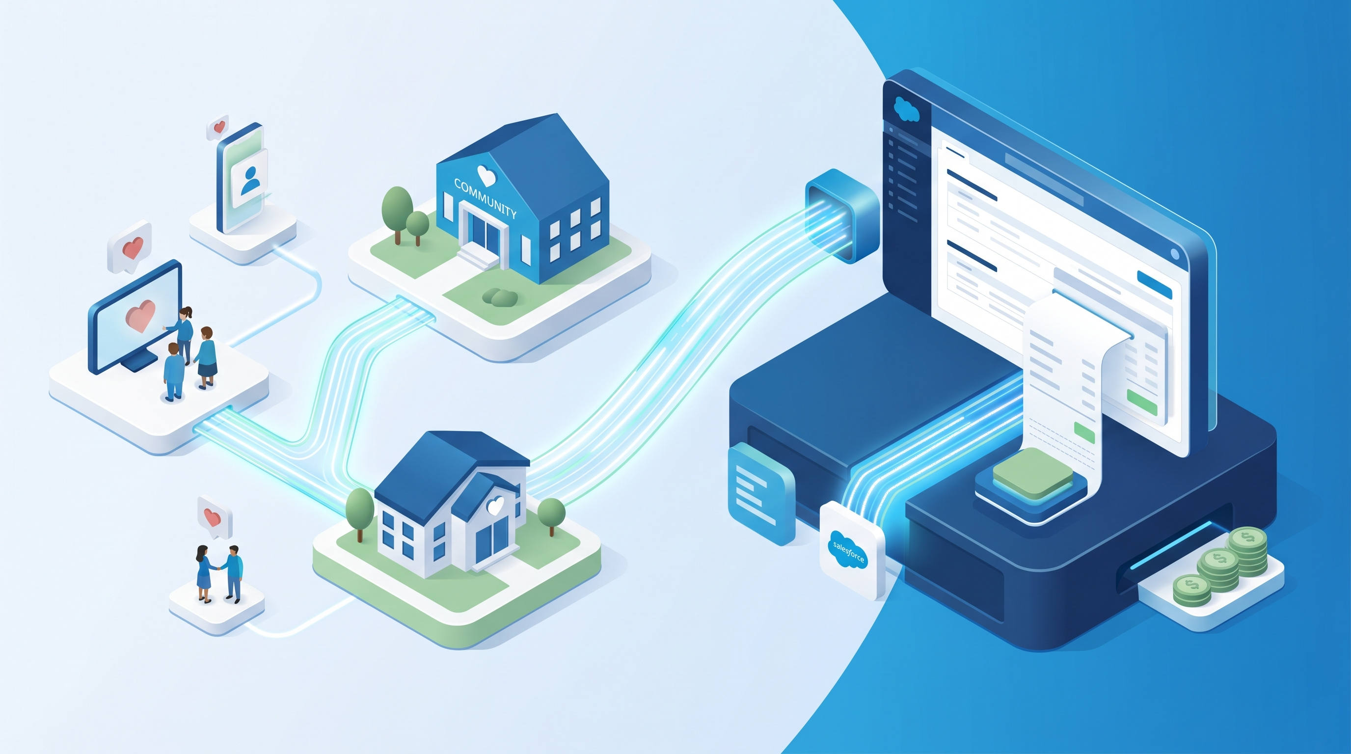 A digital illustration of a unified software ecosystem for nonprofits, showing donor management and financial accounting systems seamlessly connected within a single cloud platform, using a professional blue, white, and green color palette.