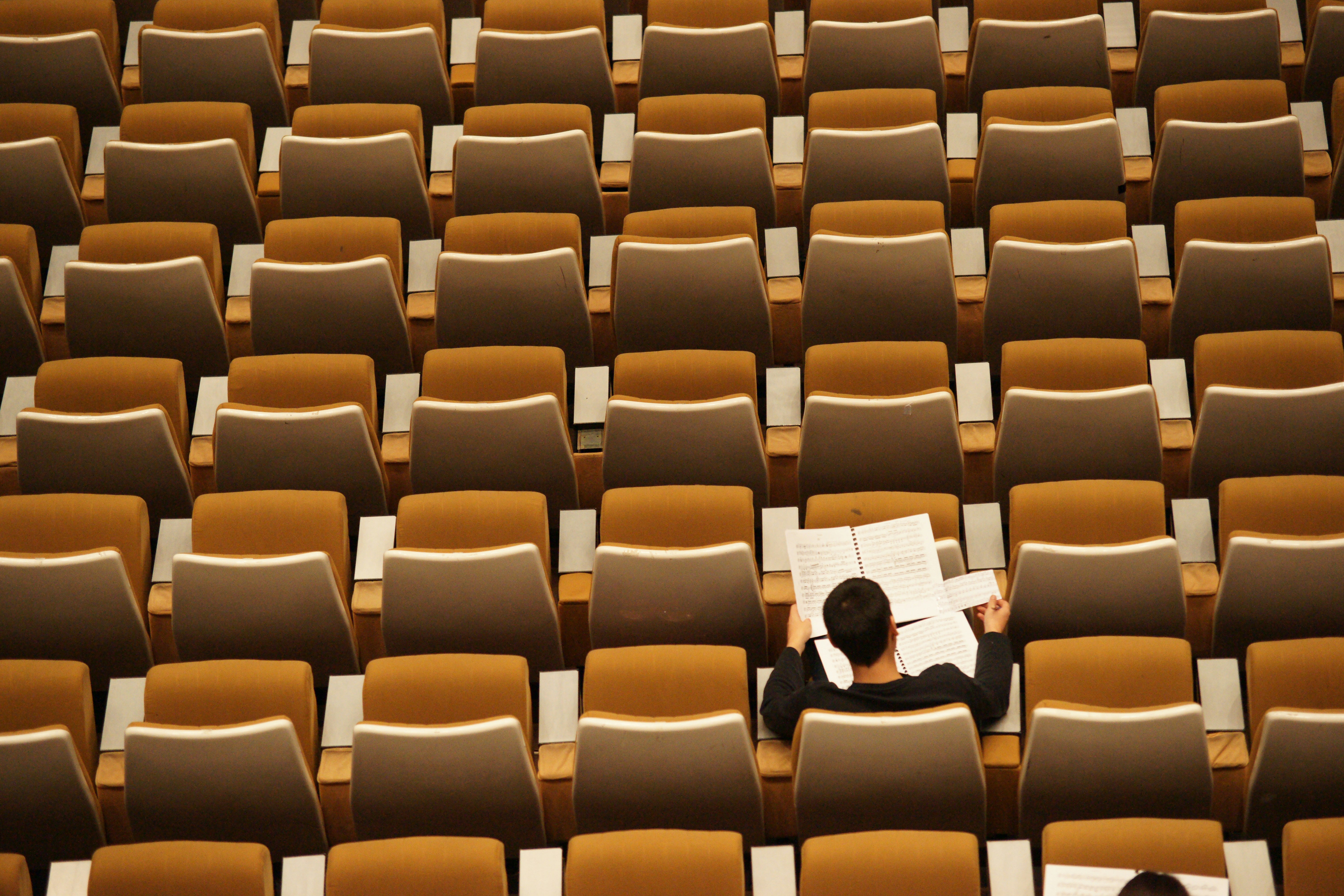 Person reading in a stadium 