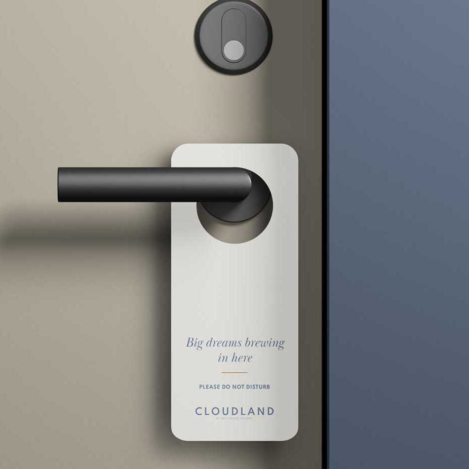 Cloudland Do Not Disturb door hanger that reads Big dreams brewing in here 