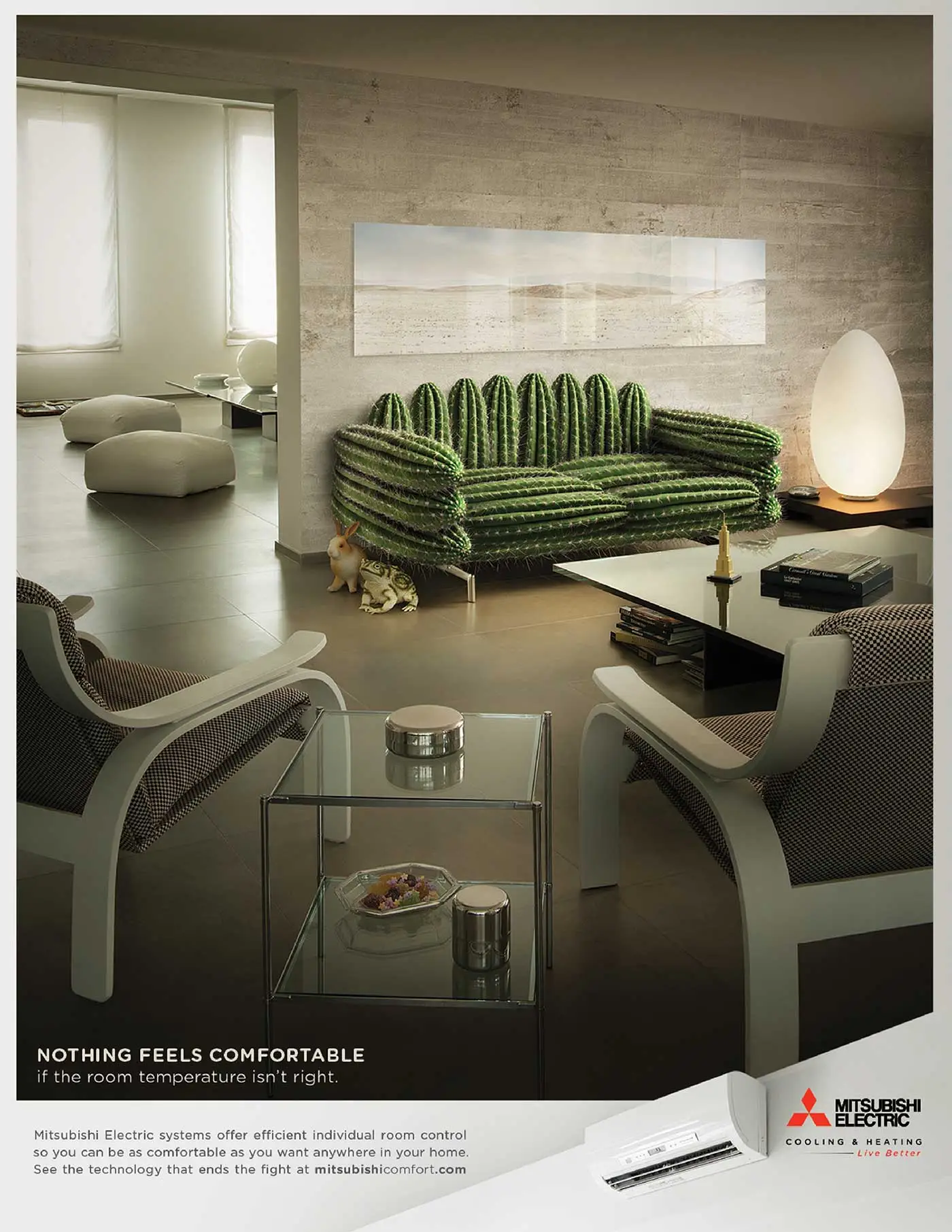 Mitsubishi Electric print ad that features a cactus couch and a headline that reads Nothing Feels Comfortable if the temperature isn't right. 