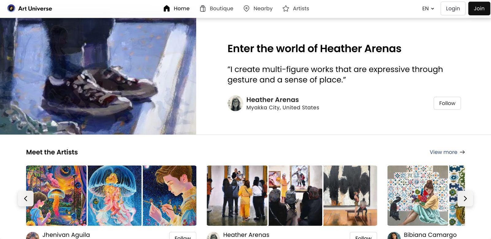 The Kaleido web app showing an artist profile for Heather Arenas with a row of artists to follow beneath it.