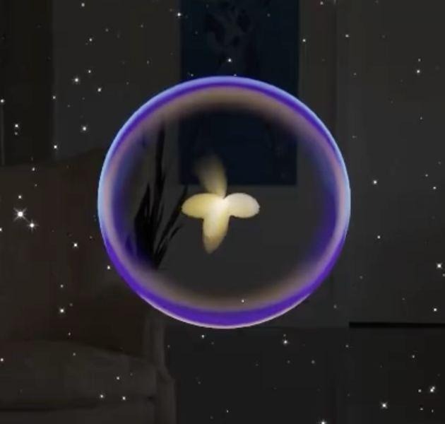 Aura, a glowing violet sphere with a small pale flower inside it, floating against a dark starry background.