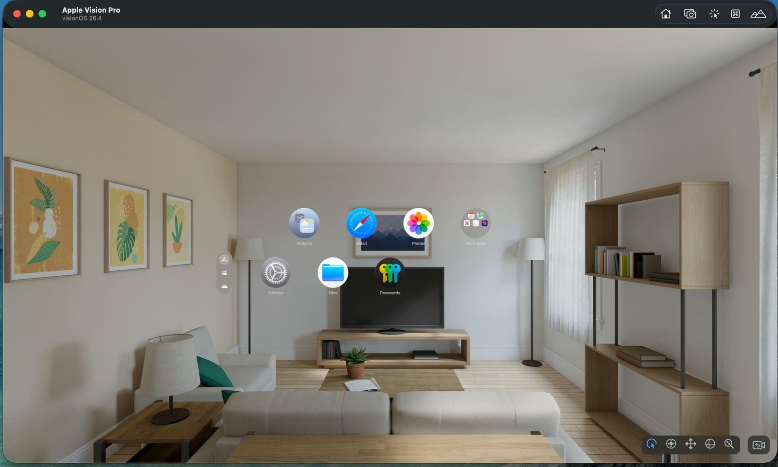 The visionOS simulator showing the Vision Pro home view of app icons floating in a bright living room with shelves and a sofa.