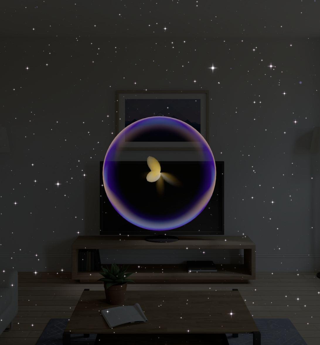 A glowing violet sphere with a small pale flower inside, floating in a dark living room dotted with stars.